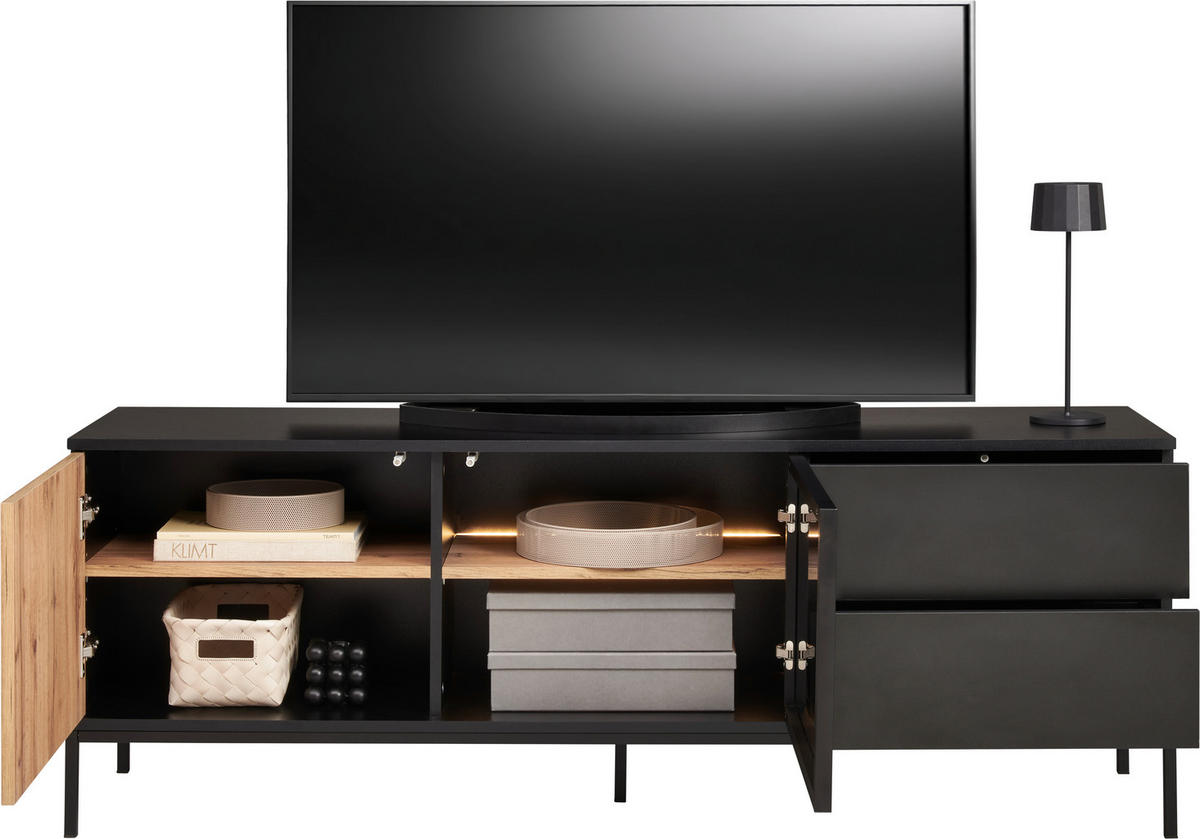 LOWBOARD  in 153,6/56/38 cm  - Eiche Wotan/Schwarz, KONVENTIONELL, Glas/Holzwerkstoff (153,6/56/38cm) - Xora