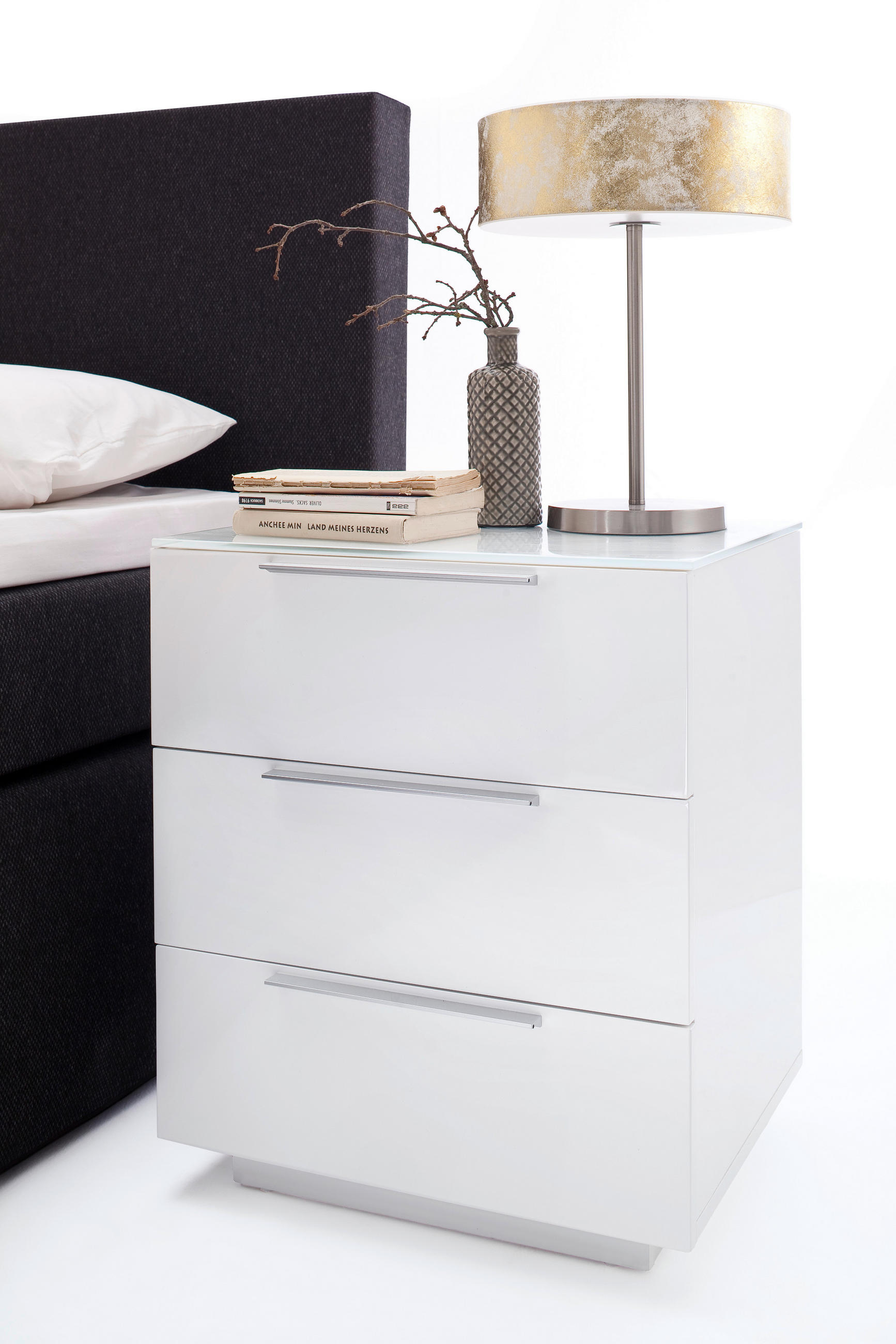 NACHTSCHRANK 50/60/40 cm  - Weiß Hochglanz/Alufarben, Basics, Glas/Holzwerkstoff (50/60/40cm)