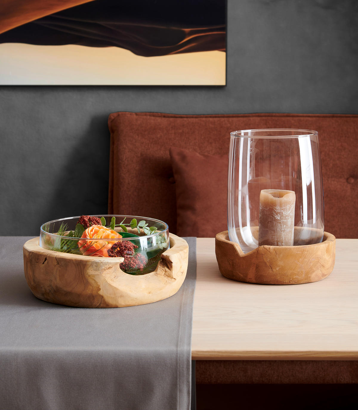 MÉCSESTARTÓ - tíkfa/átlátszó, Lifestyle, Üveg/fa (23,00/27,00/23,00cm) - Leonardo