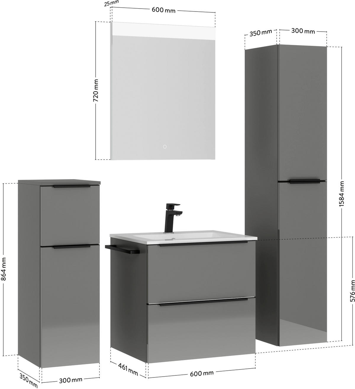 BADEZIMMER 5-teilig  in 121 cm  - Schieferfarben/Schwarz, MODERN, Holzwerkstoff/Stein (121cm) - Nobilia