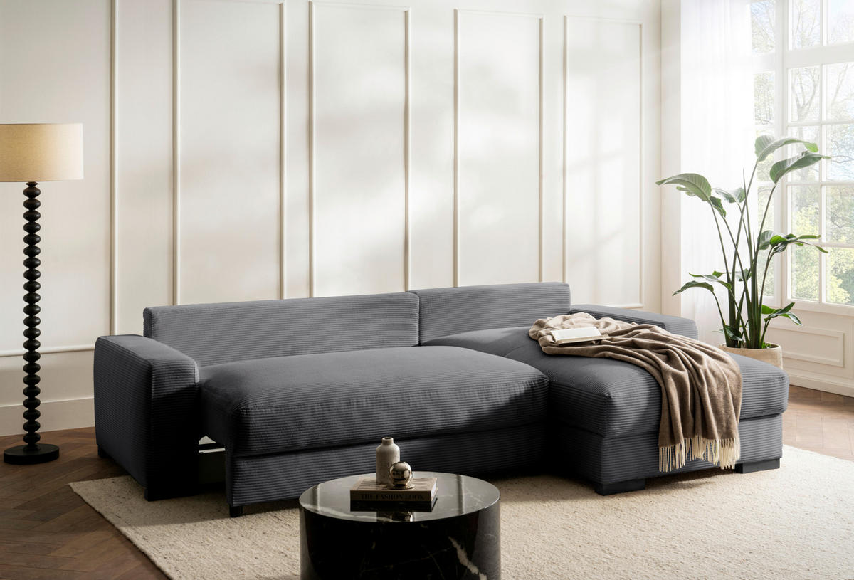 ECKSOFA in Cord Grau  - Schwarz/Grau, Design, Holz/Textil (264/184cm) - Stylife