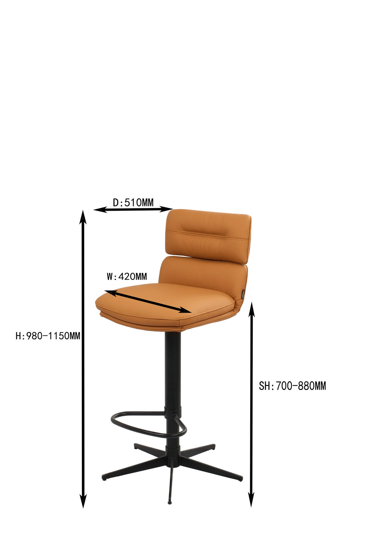 BARHOCKER Echtleder Schwarz, Cognac Eisen Lederauswahl, Stoffauswahl, Wippfunktion, Sitzfläche 360° drehbar  - Cognac/Schwarz, Design, Leder/Metall (42/99-117/50cm) - Dieter Knoll