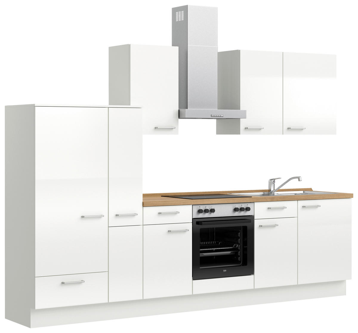 KÜCHENLEERBLOCK 300 cm   in Eichefarben, Weiß Hochglanz  - Edelstahlfarben/Eichefarben, MODERN, Holzwerkstoff/Metall (300cm) - Nobilia