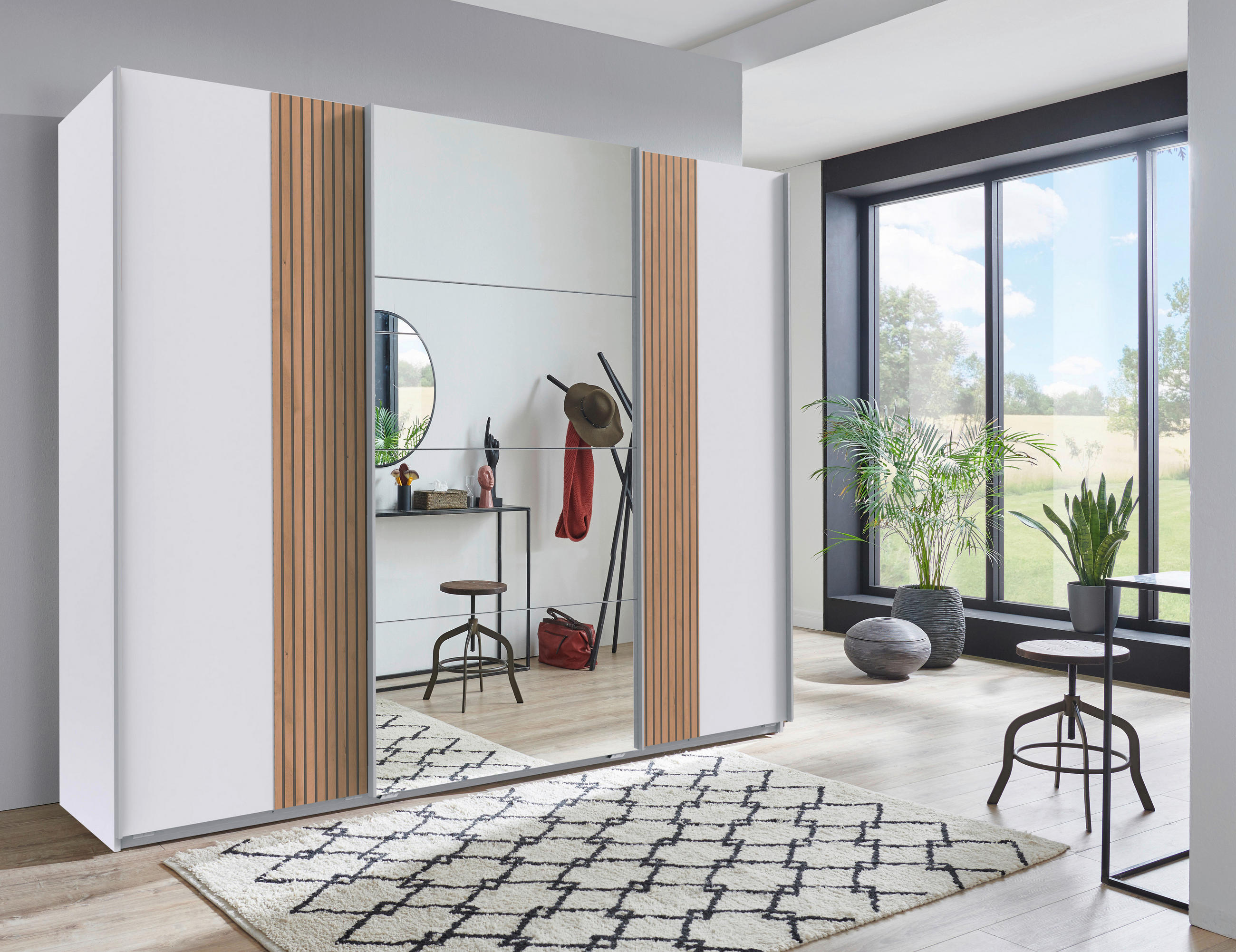 SCHWEBETÜRENSCHRANK 225/208/64 cm 3-türig Weiß, Eiche Artisan  - Weiß/Eiche Artisan, Design, Glas/Holzwerkstoff (225/208/64cm) - Ti'me