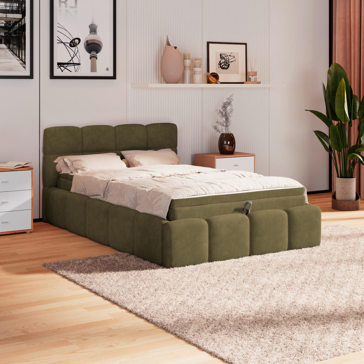 POLSTERBETT 120/200 cm,  in Grün, Matratze, Bettkasten, H3 = fest  - Schwarz/Weiß, Trend, Kunststoff/Textil (120/200cm)