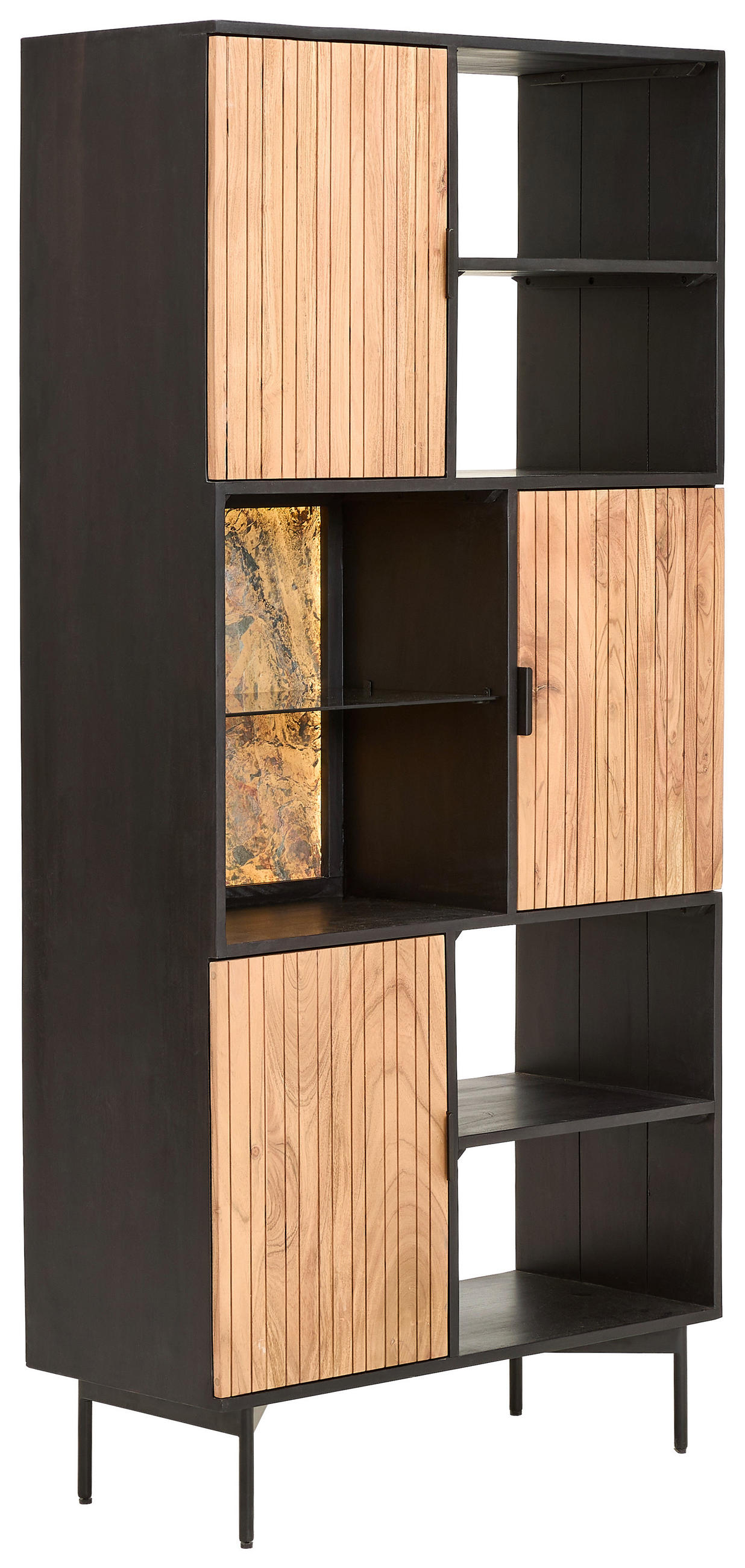 REGAL Akazie Hartholz Schwarz, Akaziefarben  - Schwarz/Akaziefarben, KONVENTIONELL, Holz/Metall (90/192/40cm) - Livetastic