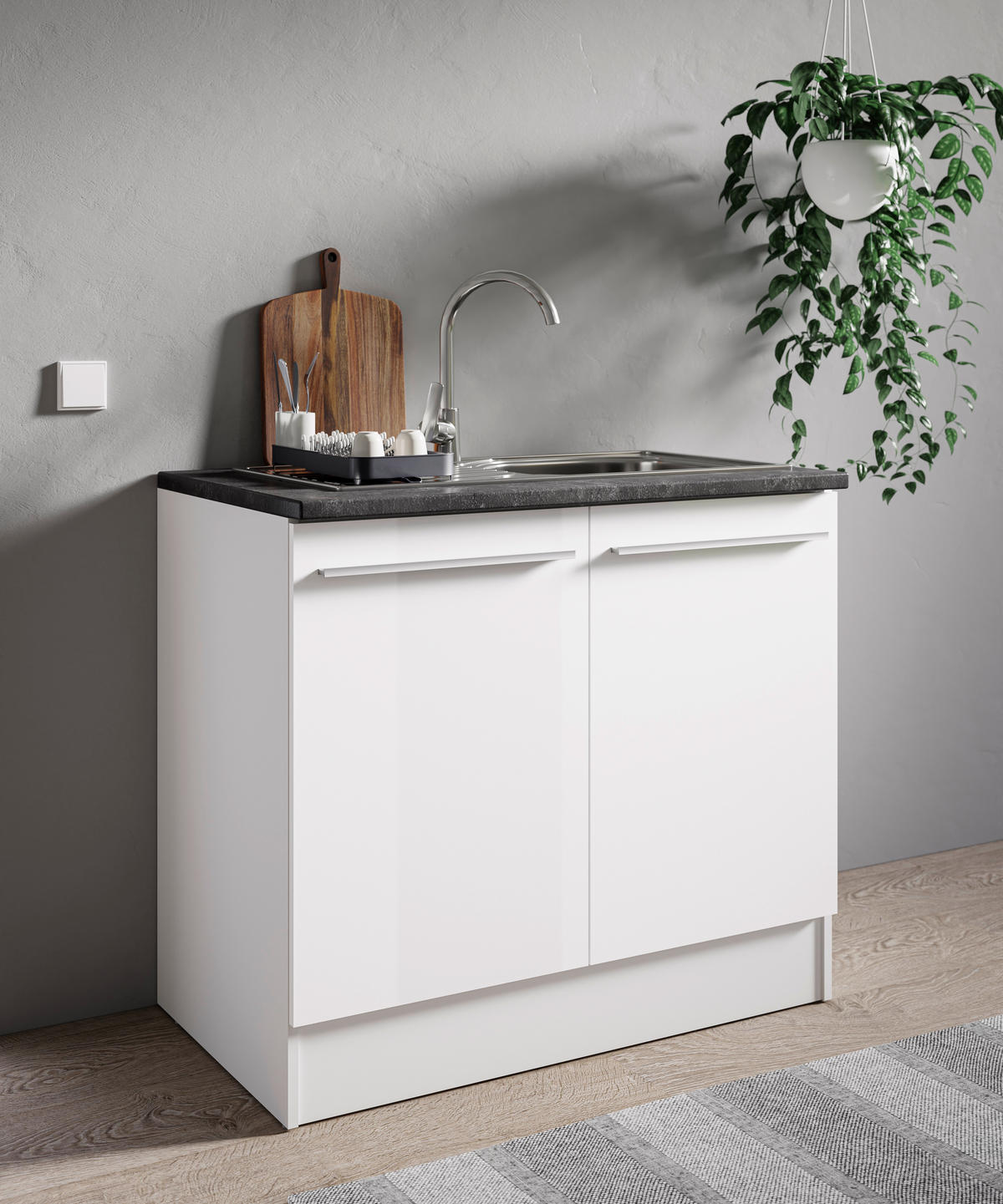 SPÜLENUNTERSCHRANK 100/90/60 cm  in Weiß, Weiß Hochglanz  - Weiß Hochglanz/Silberfarben, Design, Holzwerkstoff/Kunststoff (100/90/60cm) - MID.YOU