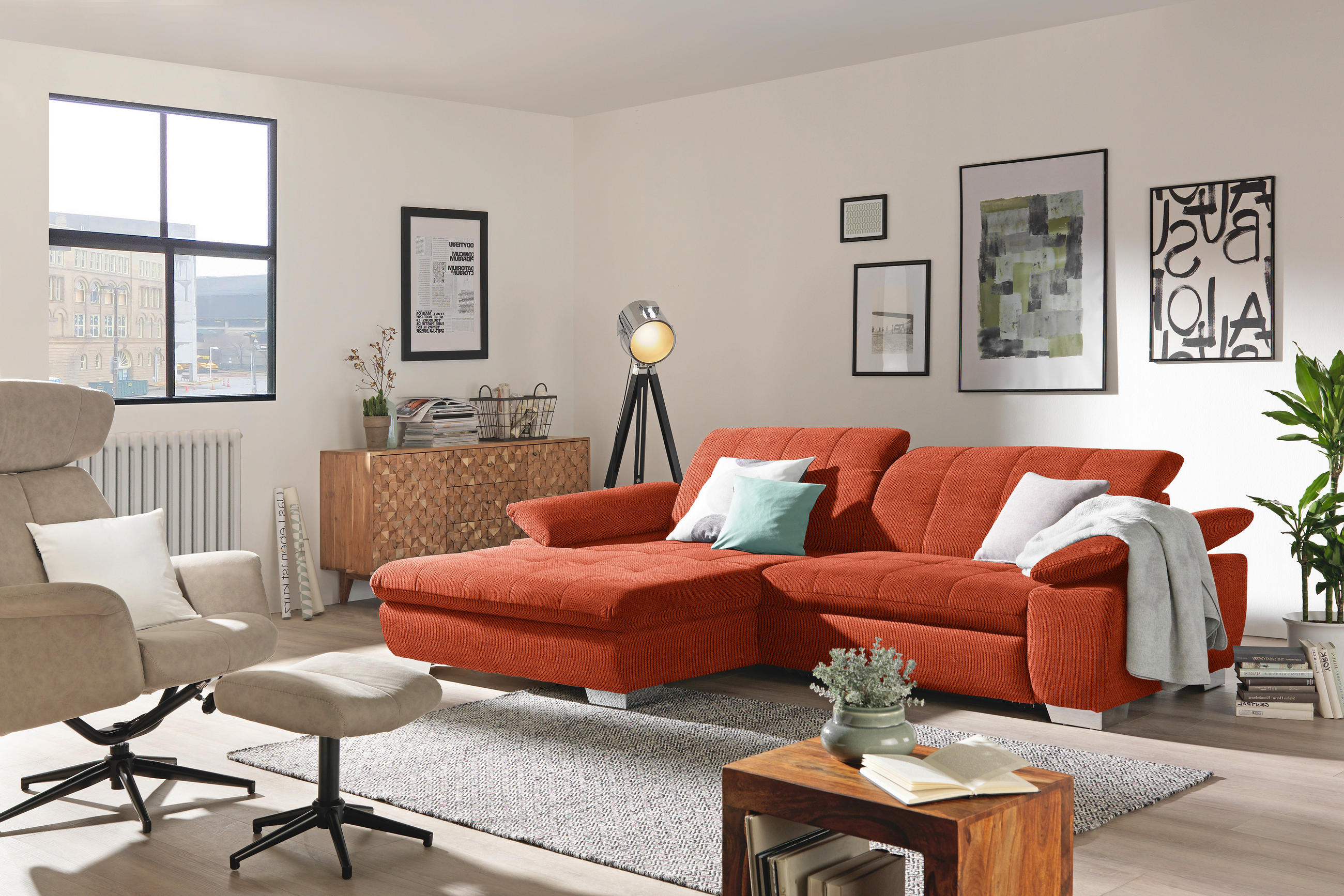 ECKSOFA in Mikrofaser Orange  180/265 cm  - Chromfarben/Orange, Design, Textil/Metall (180/265cm) - Carryhome
