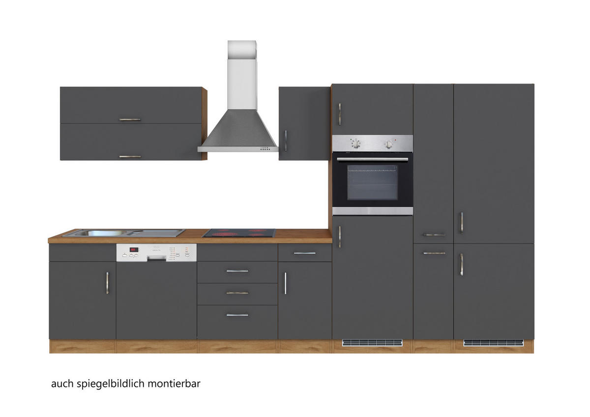 KÜCHENBLOCK 360 cm   in Anthrazit, Eiche Wotan  - Chromfarben/Anthrazit, MODERN, Holzwerkstoff/Metall (360cm) - Held