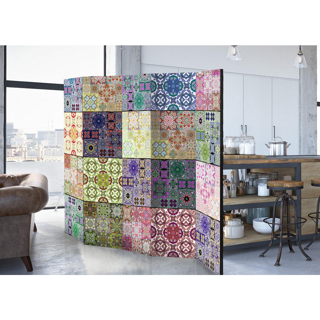Thumbnail - artgeist Paravent, Mehrfarbig, Holz, Kunststoff, Textil, Kiefer, massiv, Mosaik, 225x172x3 cm, Motiv auf Vorder- und Rüc...