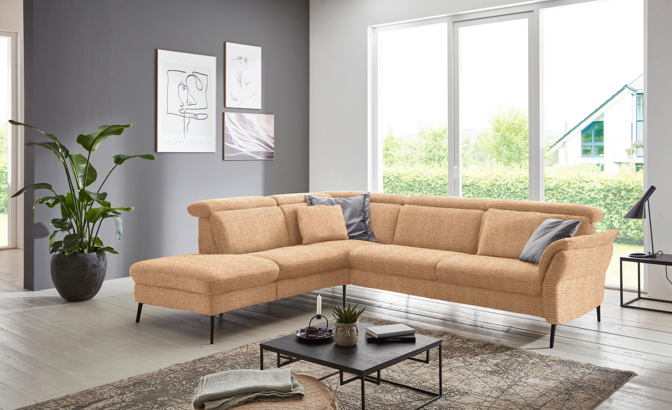 ECKSOFA  in Struktur Cognac  235/275 cm  - Cognac/Schwarz, MODERN, Textil/Metall (235/275cm) - Cantus