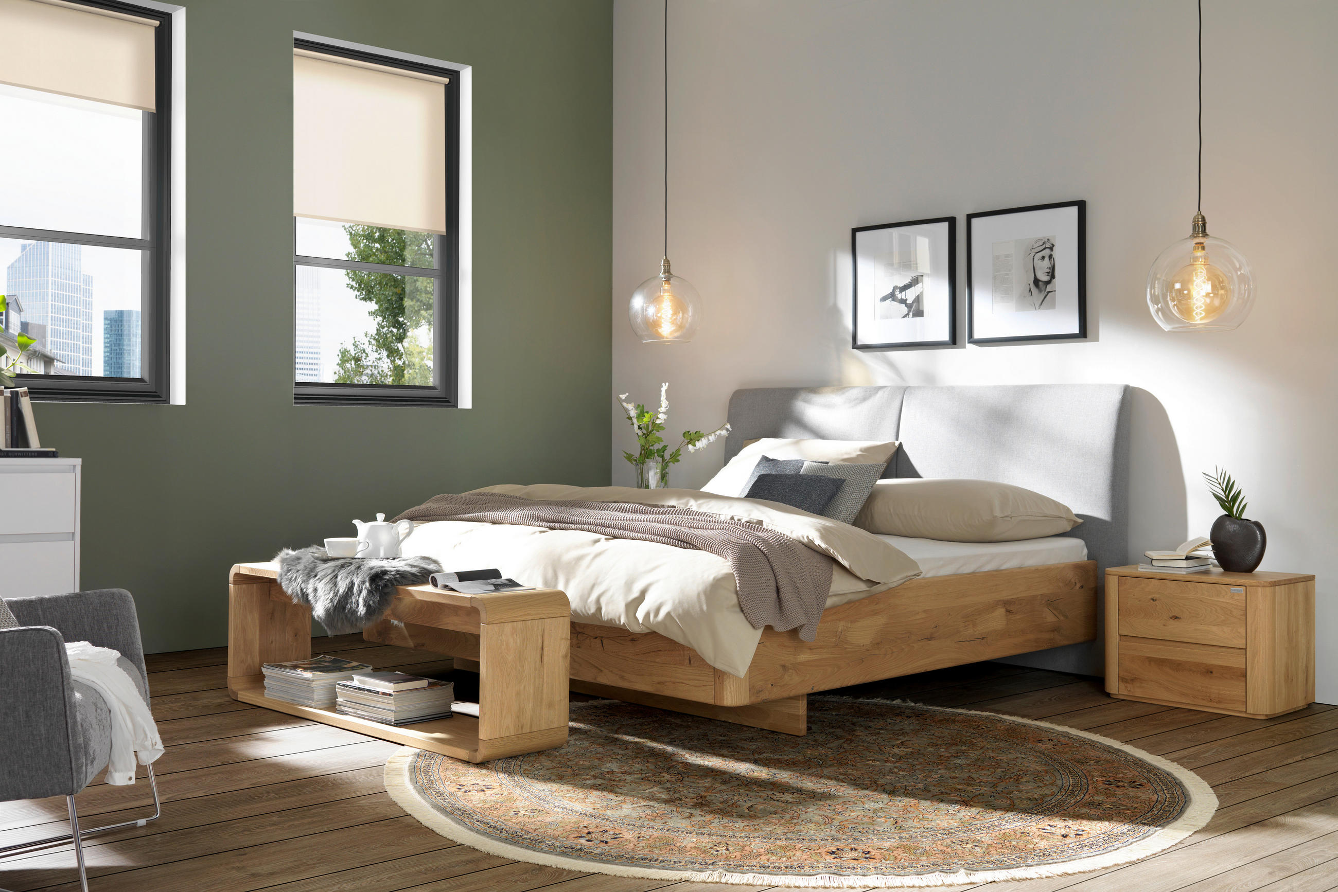 Thumbnail - Valnatura Bett Silene, Grau, Eiche, Holz, Textil, Wildeiche, massiv, 180x200 cm, Lattenrosthöhe individuell einstellbar,...