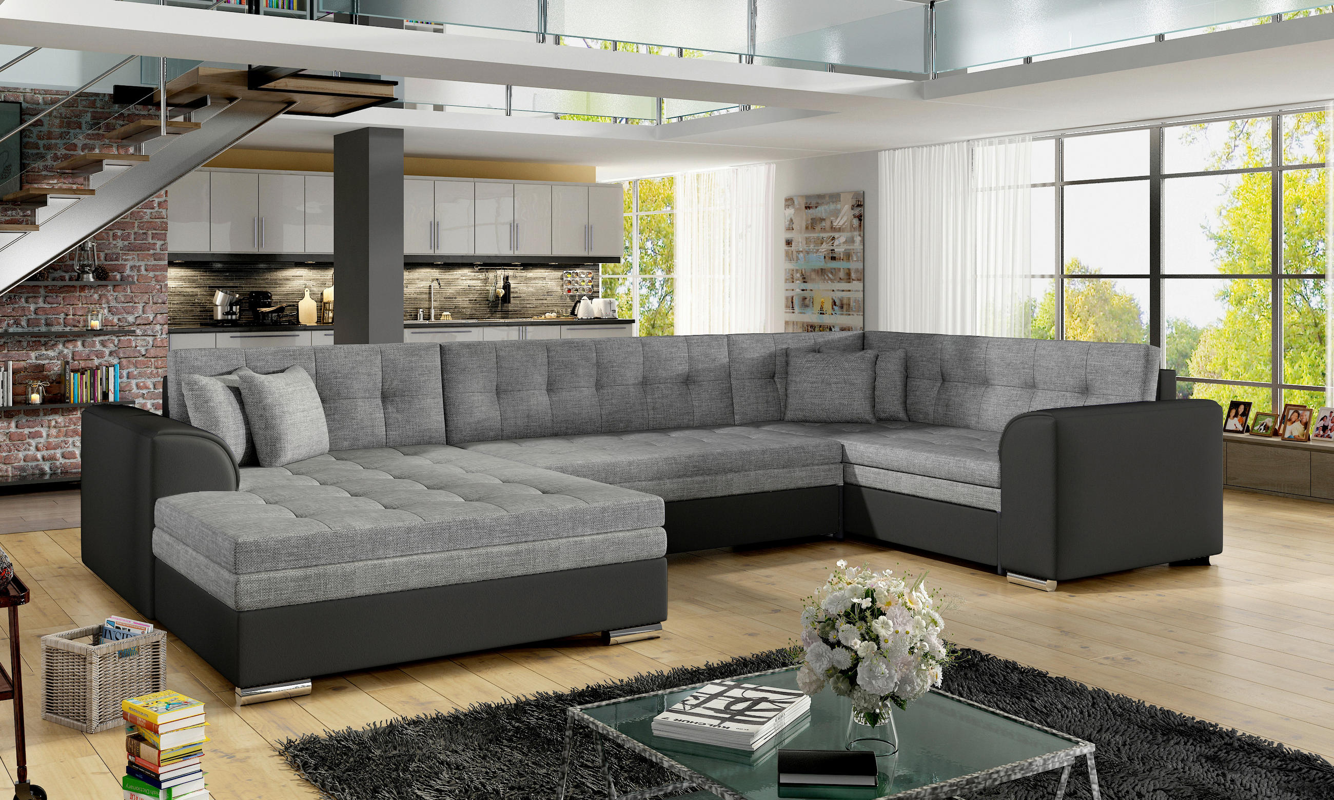 WOHNLANDSCHAFT Samt Grau, Schwarz  - Chromfarben/Schwarz, Design, Textil/Metall (189/338/189cm) - MID.YOU