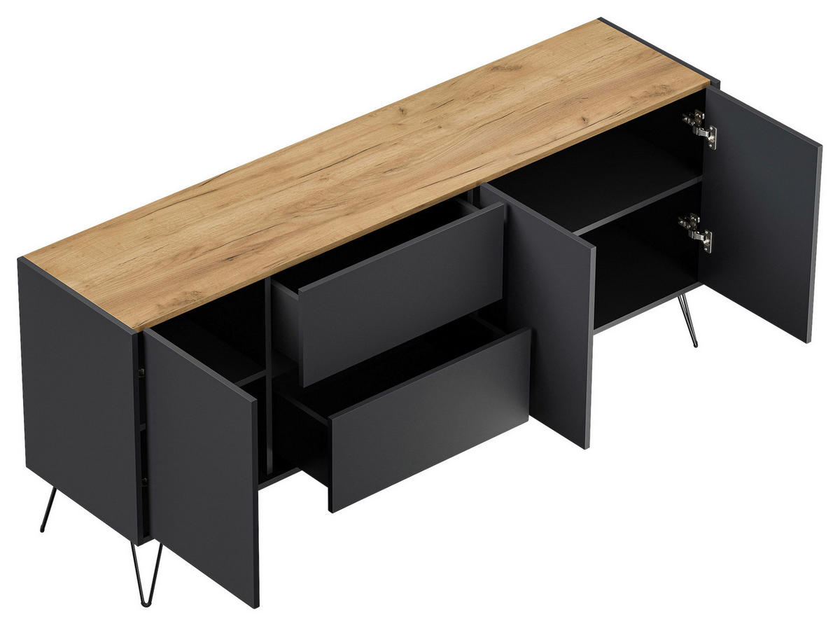 SIDEBOARD Posseik Industrial  in 177/75,8/42 cm  - Eichefarben/Graphitfarben, Design, Holzwerkstoff/Metall (177/75,8/42cm) - P & B