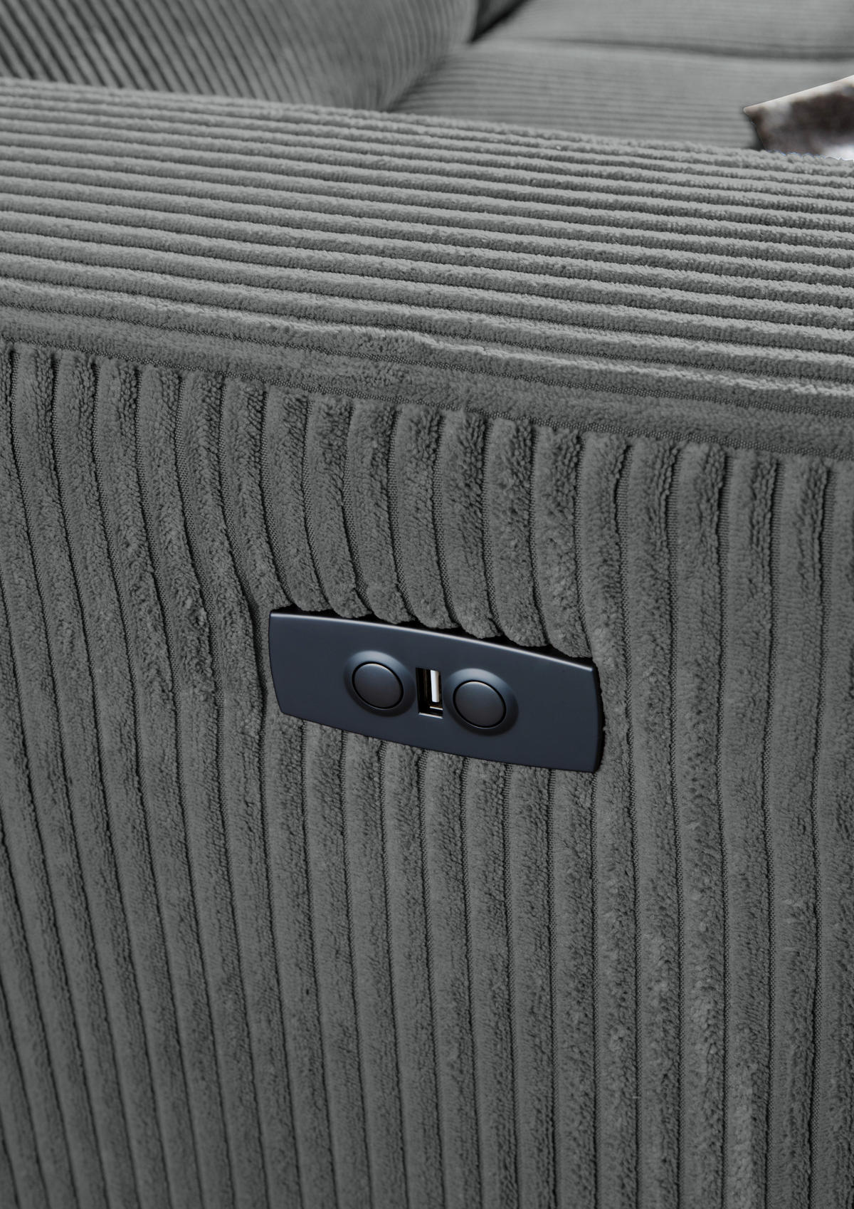 ECKSOFA Dunkelgrau Cord Rücken echt, Kopfteilverstellung, Sitzvorzug  - Dunkelgrau/Schwarz, KONVENTIONELL, Textil/Metall (257/170cm) - Carryhome