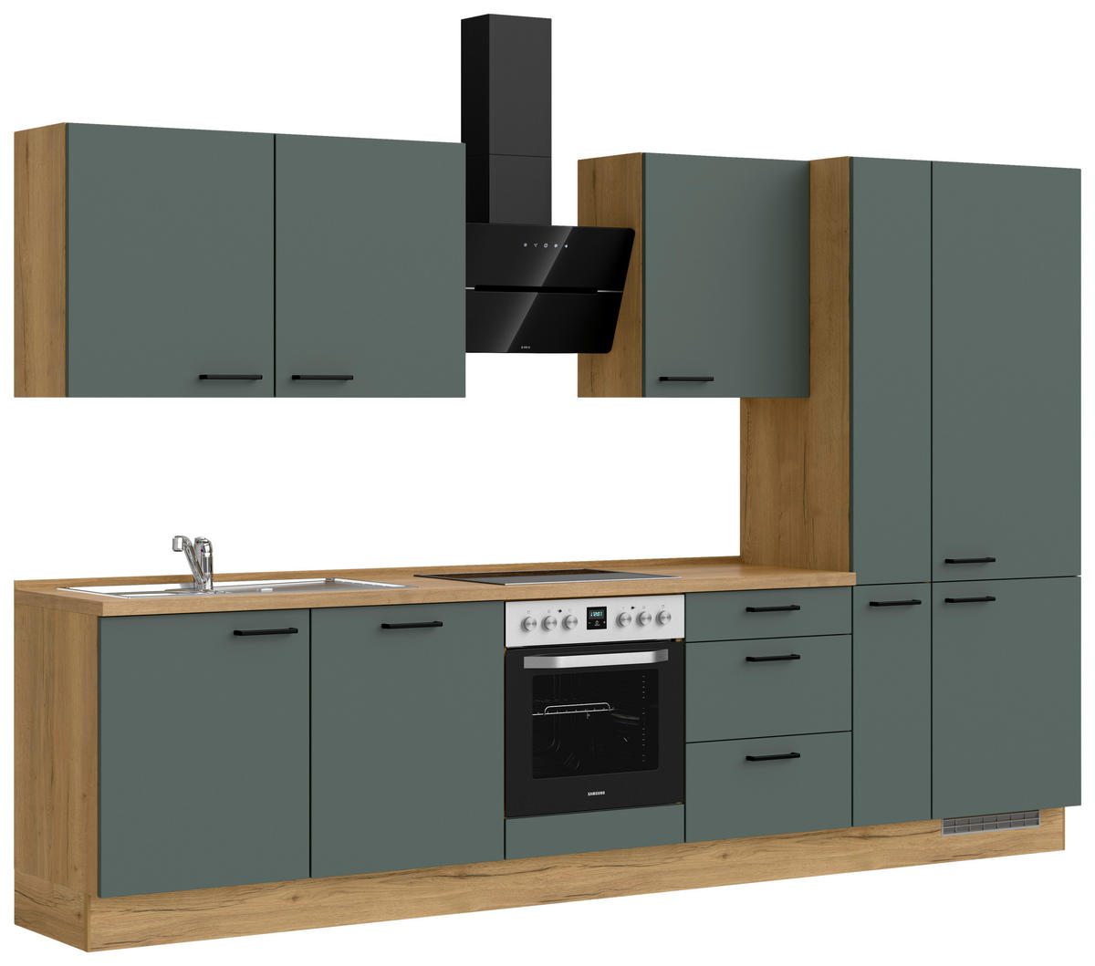 KÜCHENBLOCK 330 cm   in Eichefarben, Dunkelgrün  - Dunkelgrün/Eichefarben, MODERN, Holzwerkstoff/Metall (330cm) - Nobilia