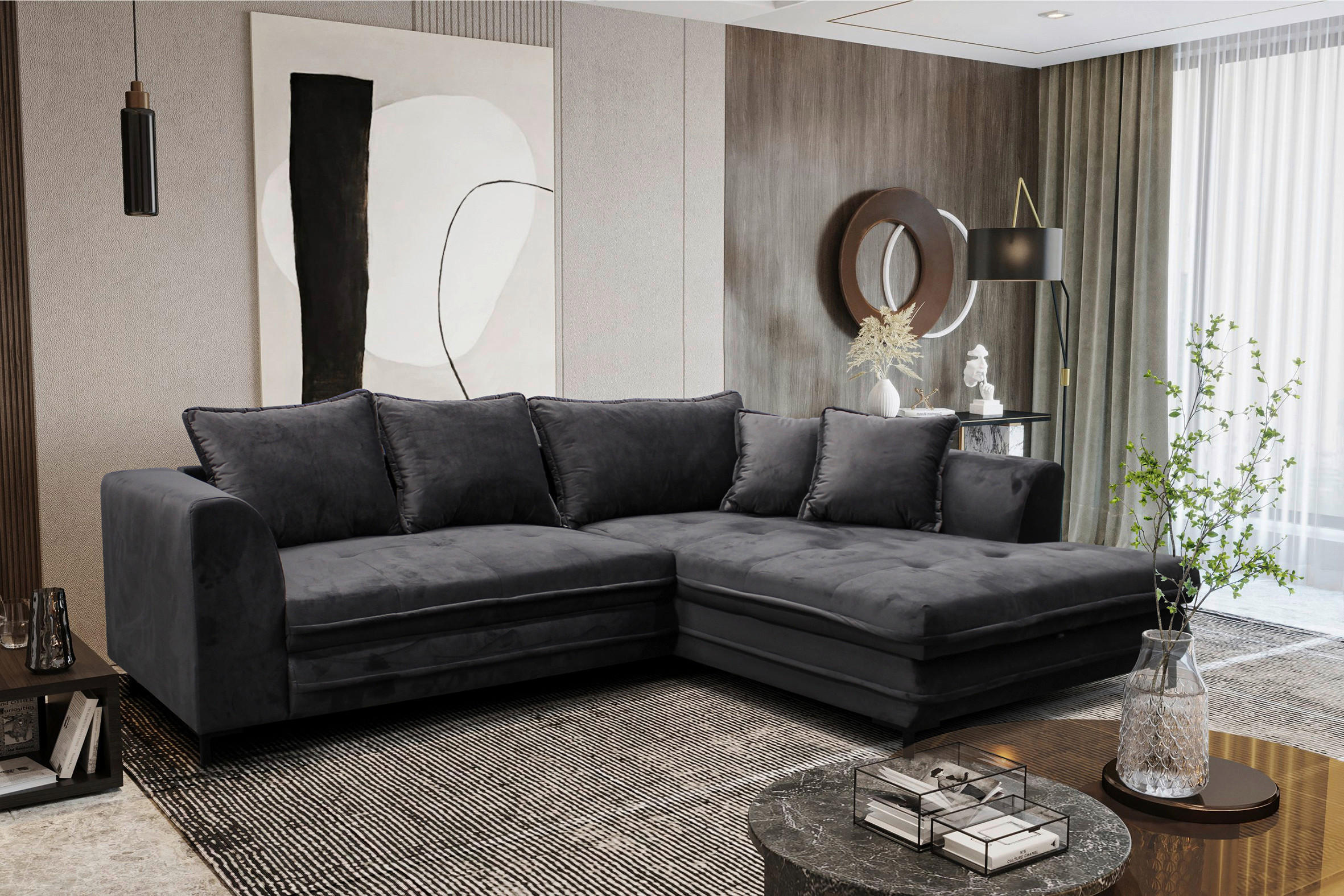 ECKSOFA Grau Velours  - Schwarz/Grau, Design, Textil/Metall (277/187cm) - Livetastic