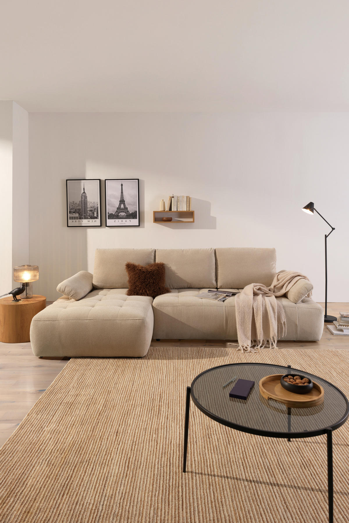 ECKSOFA Naturfarben Webstoff  - Schwarz/Naturfarben, KONVENTIONELL, Kunststoff/Textil (162/282cm) - Carryhome