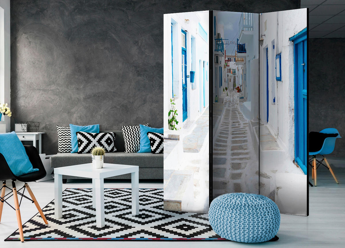 PARAVENT mit 3  Flügel - Weiß/Hellblau, Basics, Holz/Textil (135cm) - artgeist