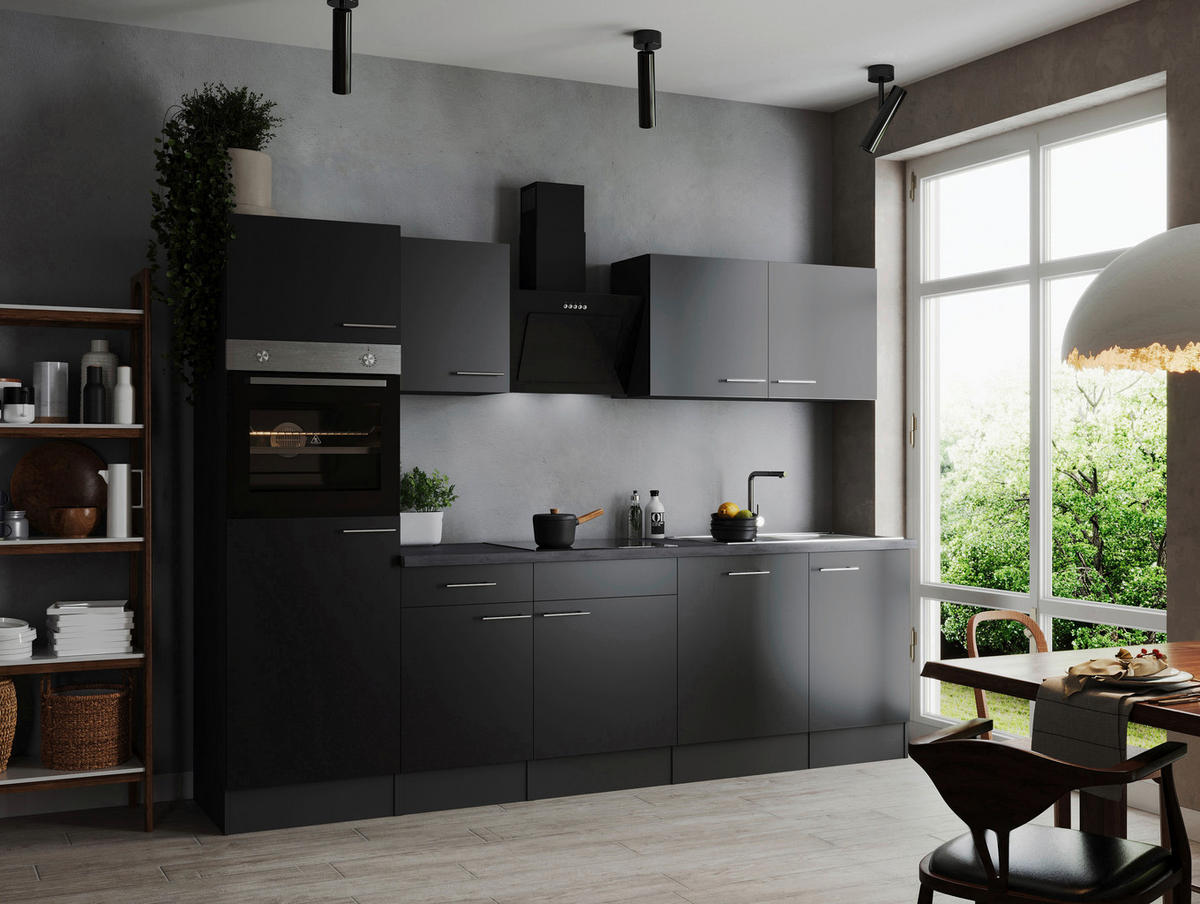 KÜCHENBLOCK 280 cm   in Grau, Schwarz  - Silberfarben/Schwarz, Design, Holzwerkstoff/Metall (280cm) - Respekta