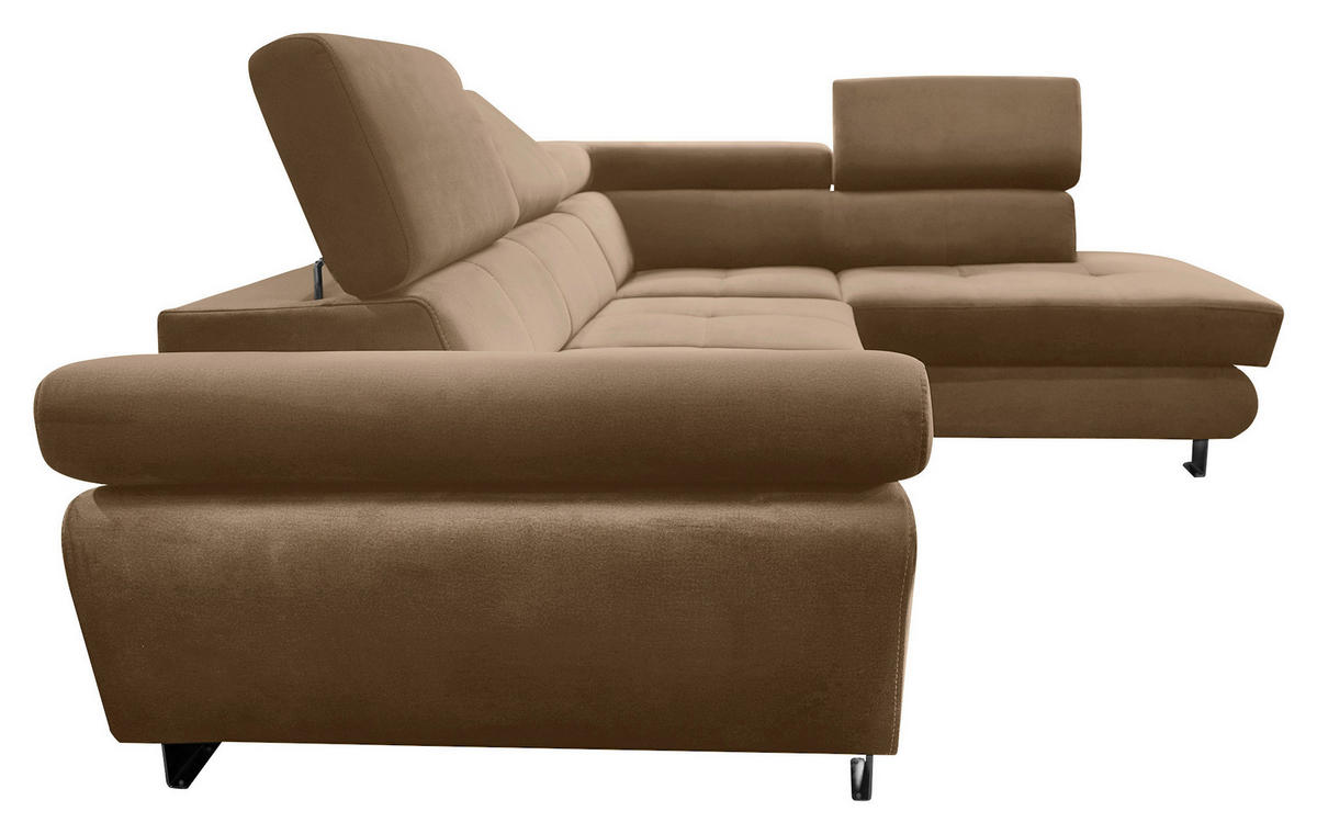 ECKSOFA Braun Webstoff Bettkasten, Schlaffunktion, Rücken echt, Armteilverstellung, Kopfteilverstellung  - Chromfarben/Braun, MODERN, Textil/Metall (278/205cm) - Stylife