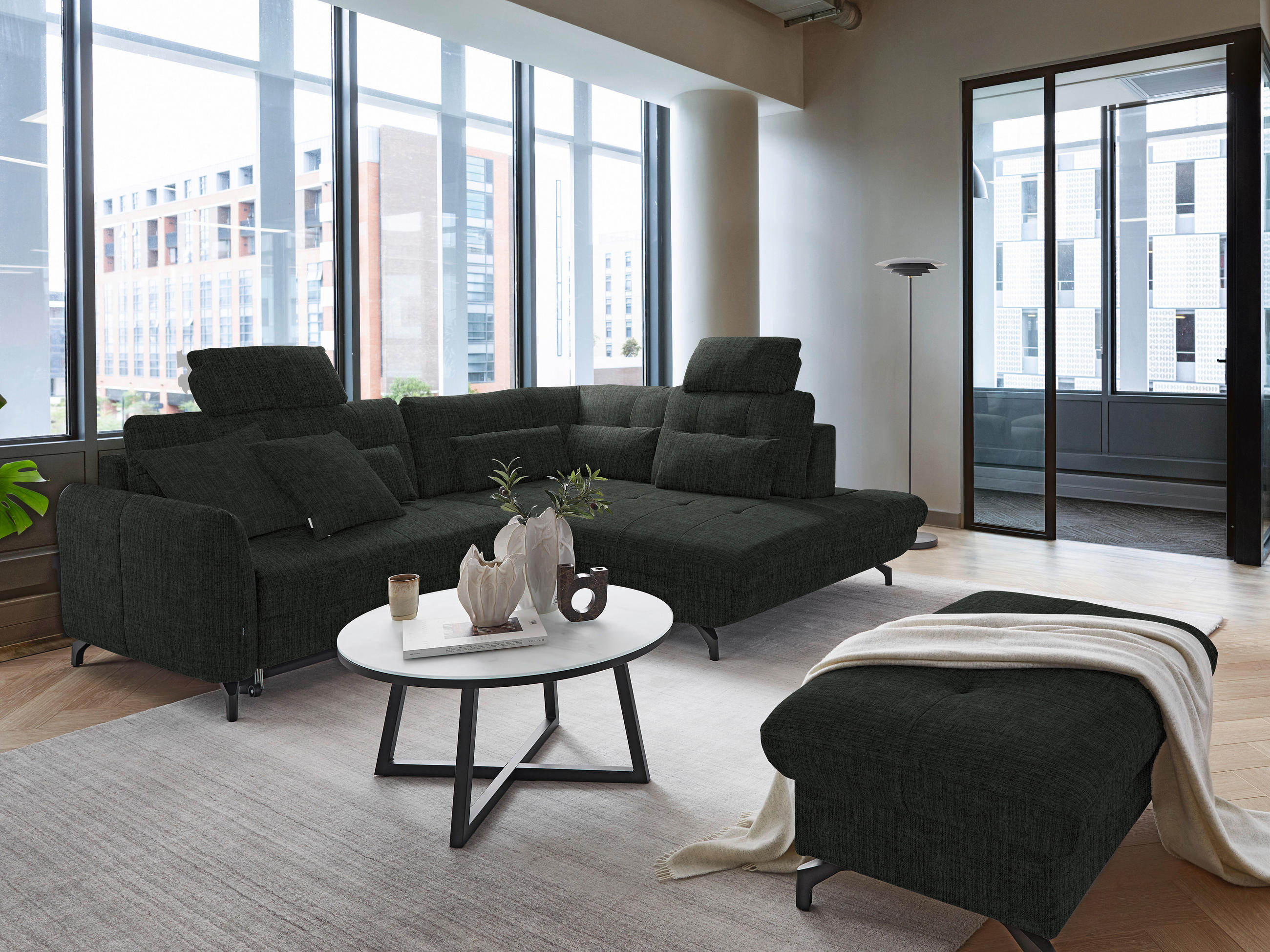ECKSOFA in Flachgewebe, Leinenoptik Anthrazit  - Anthrazit/Schwarz, Modern, Textil/Metall (247/208cm) - Xora