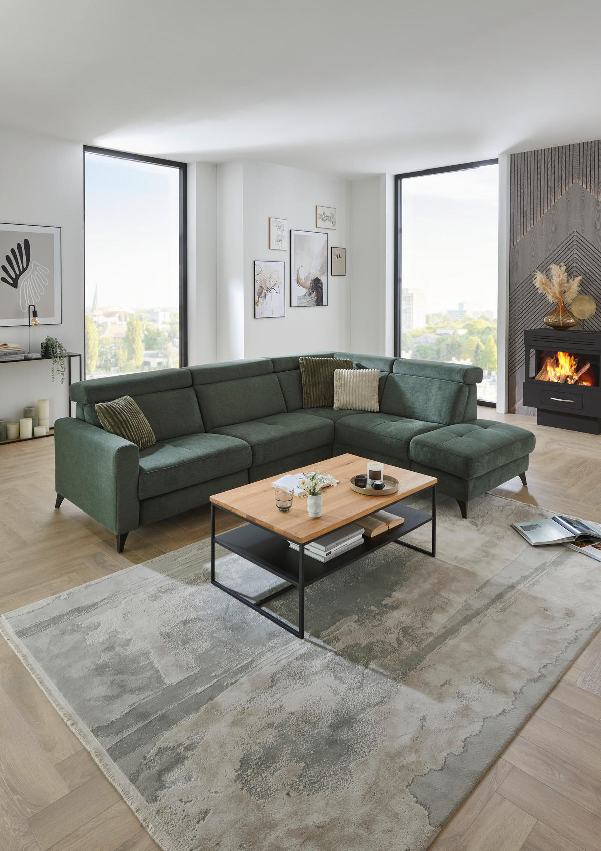 ECKSOFA Beldomo System Dunkelgrün Flachgewebe Kopfteilverstellung  - Dunkelgrün/Schwarz, KONVENTIONELL, Textil/Metall (276/214cm) - Beldomo System