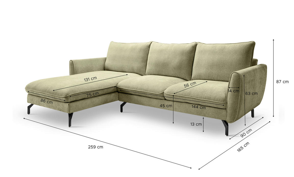 ECKSOFA TORONTO Grün Webstoff  - Schwarz/Grün, Basics, Textil/Metall (259/165cm) - MID.YOU