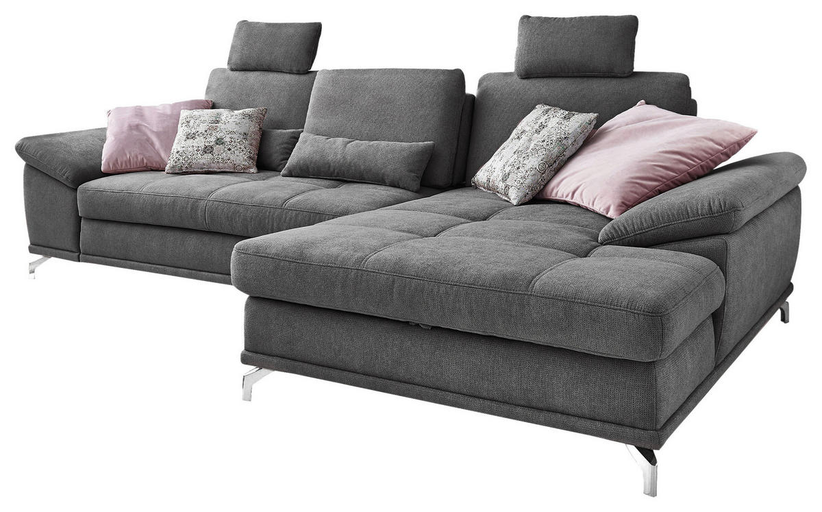 ECKSOFA Grau Flachgewebe Bettkasten, Schlaffunktion, Sitztiefenverstellung, Kopfstütze, Liegefläche im Originalstoff  - Silberfarben/Grau, KONVENTIONELL, Textil/Metall (301/176cm) - Sit & More
