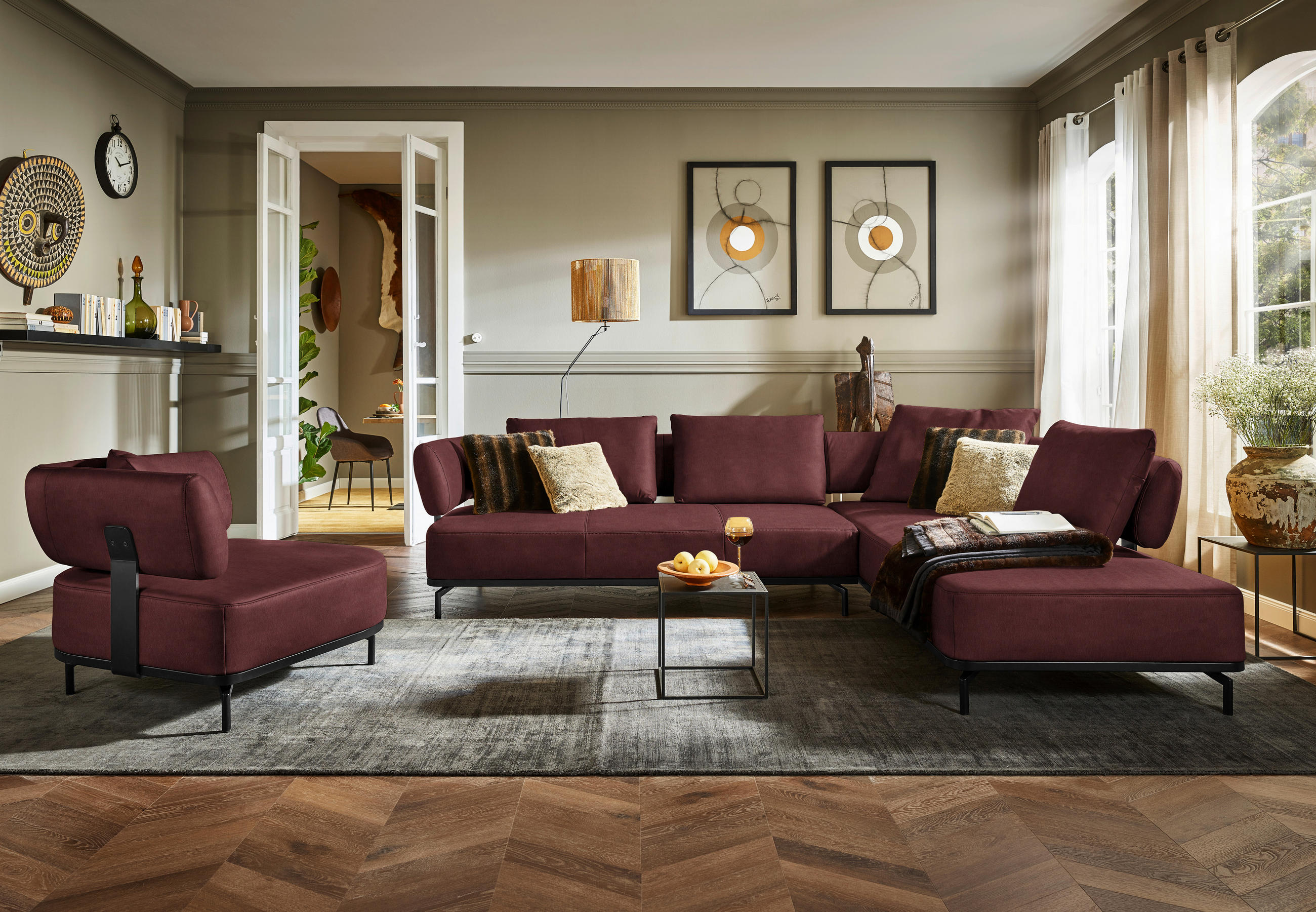 ECKSOFA Bordeaux Echtleder  - Bordeaux/Schwarz, Design, Leder/Metall (302/237cm) - Dieter Knoll
