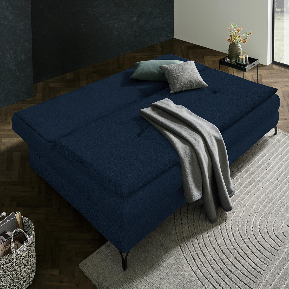 SCHLAFSOFA in Chenille, Plüsch Blau  - Blau/Schwarz, MODERN, Textil/Metall (208/73/92/102cm) - Novel