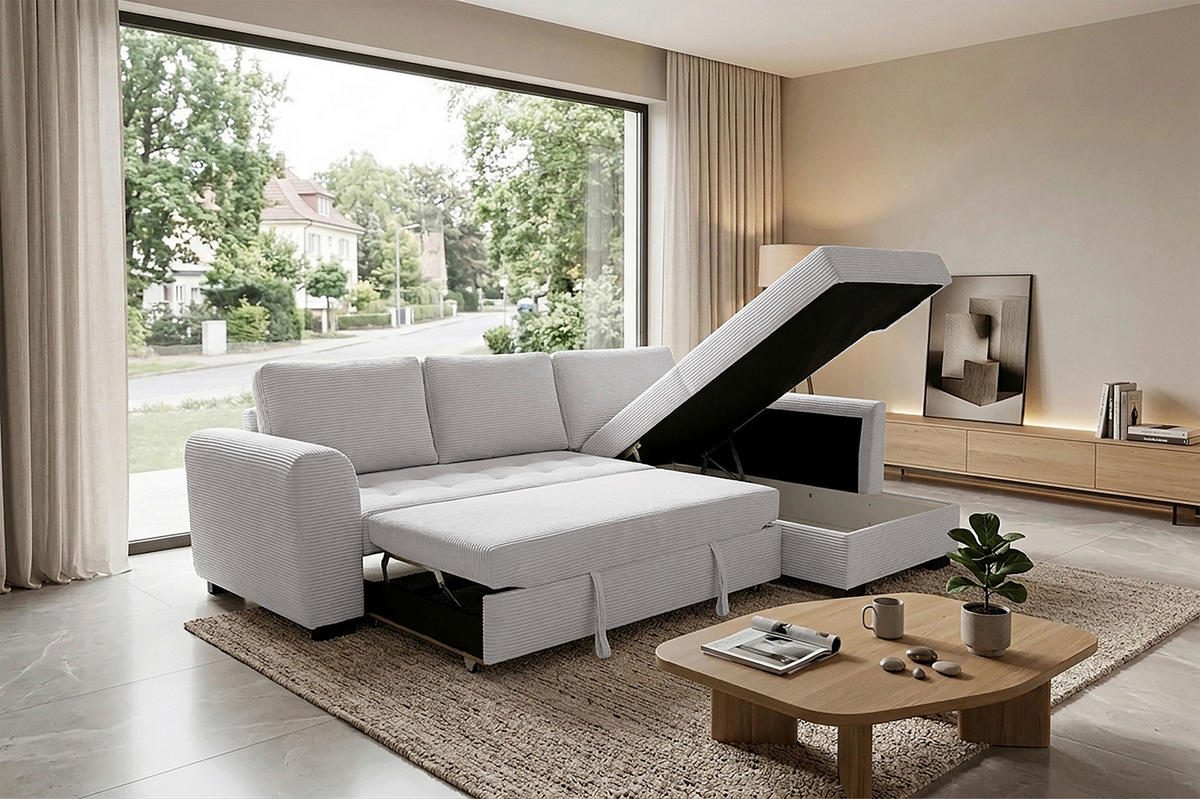 ECKSOFA JOHN Beigebraun Cord Rückenkissen, Bettkasten, Liegefläche im Originalstoff  - Beigebraun/Schwarz, Trend, Kunststoff/Textil (239/178cm) - P & B