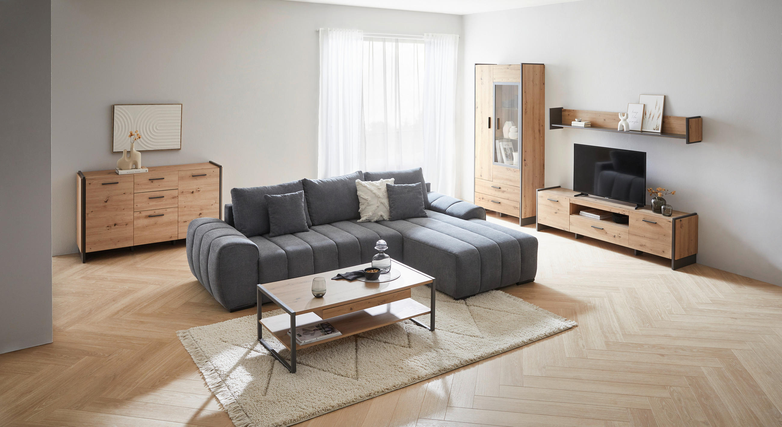 TV-ELEMENT Eiche Artisan  187/51/41 cm  - Eiche Artisan/Grau, Design, Holzwerkstoff/Kunststoff (187/51/41cm) - Hom`in