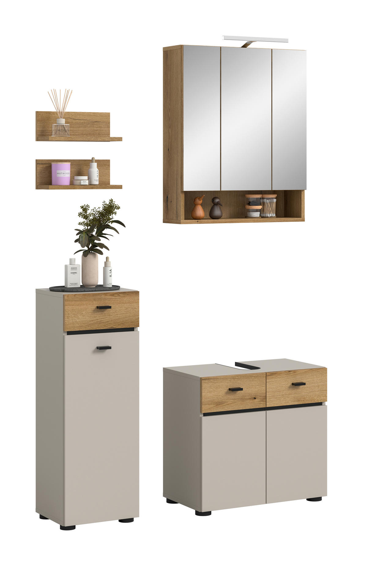 BADEZIMMER 4-teilig  in 92 cm  - Kaschmir/Eichefarben, Trend, Glas/Holzwerkstoff (92cm) - MID.YOU