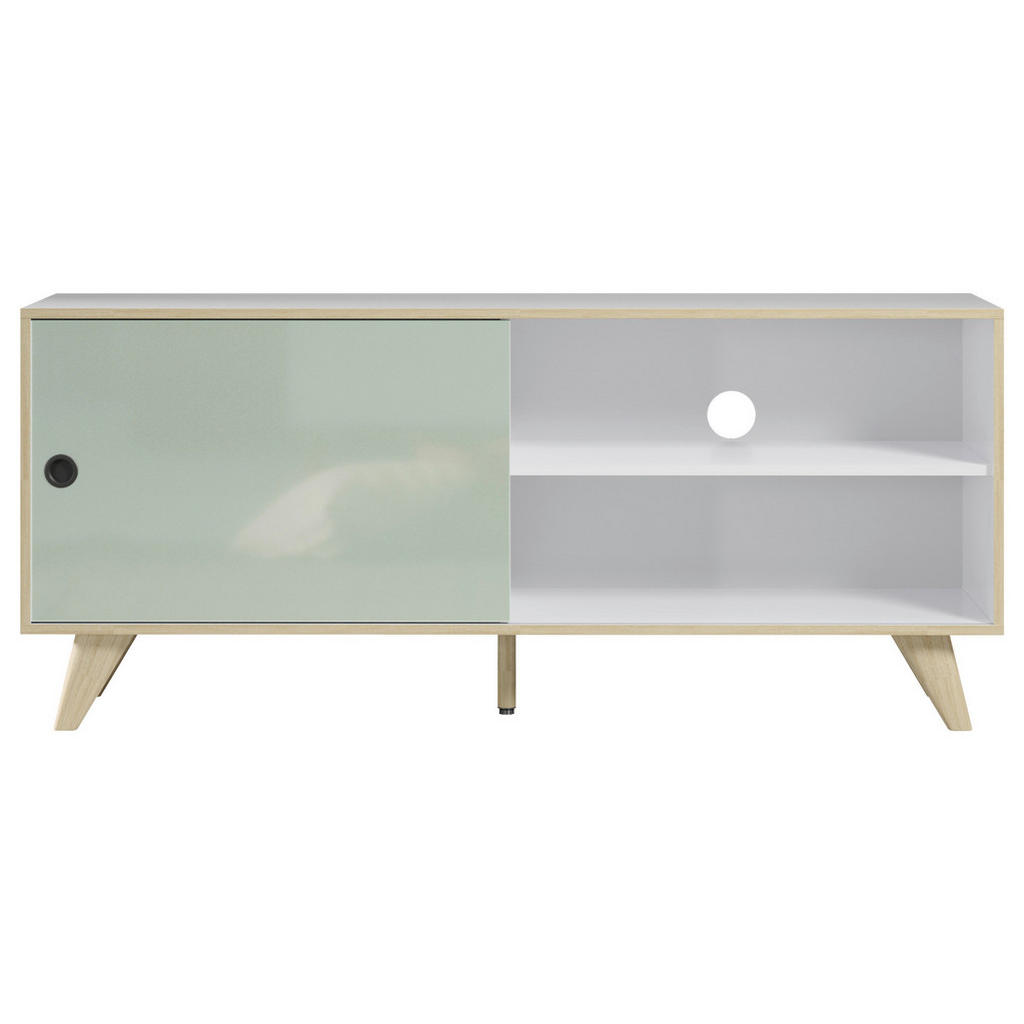 Thumbnail - Boxxx Tv-Element, Grün, Eiche, Weiß Hochglanz, Kunststoff, 2 Fächer, 145x63x40 cm, FSC Mix, Kleinmöbel