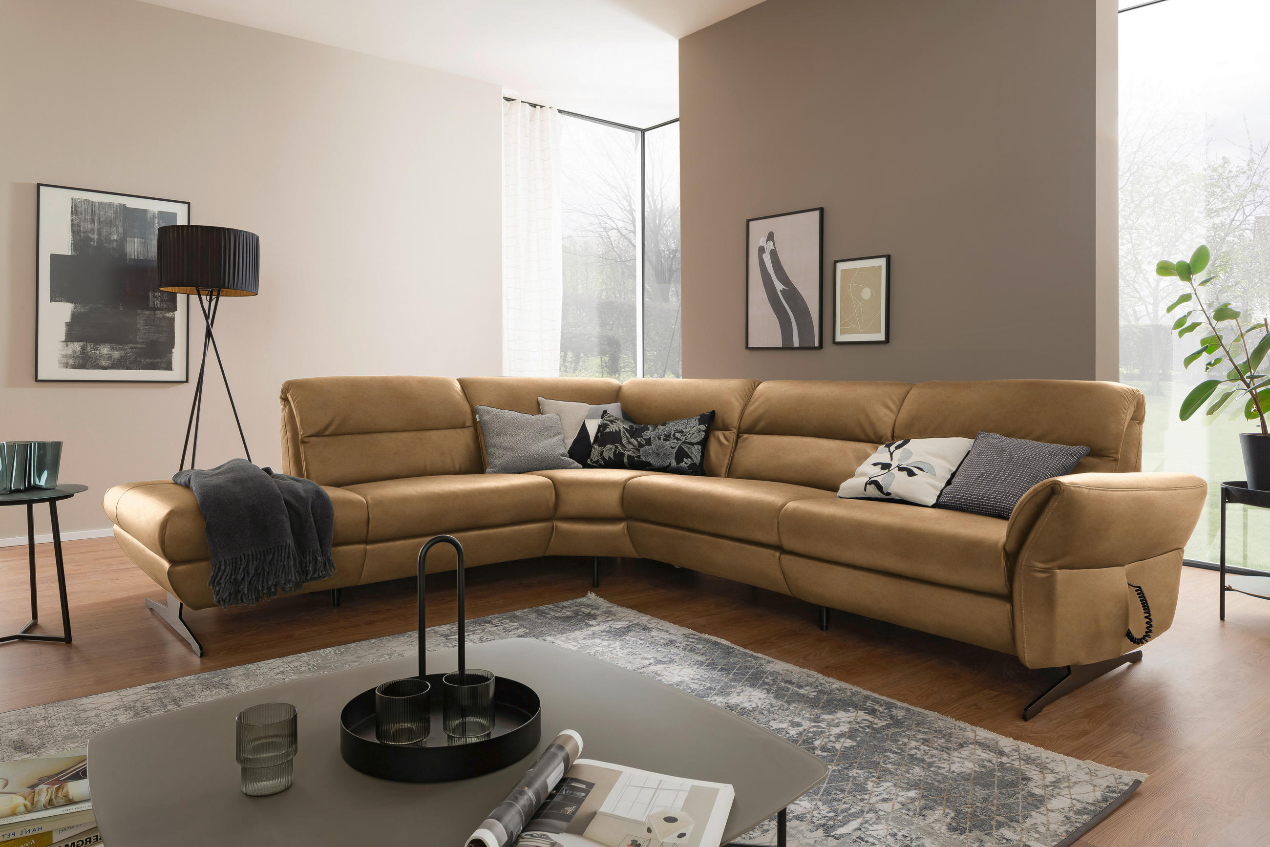 ECKSOFA in Echtleder Honig  258/286 cm  - Schwarz/Honig, Design, Leder/Metall (258/286cm) - Schöner Wohnen