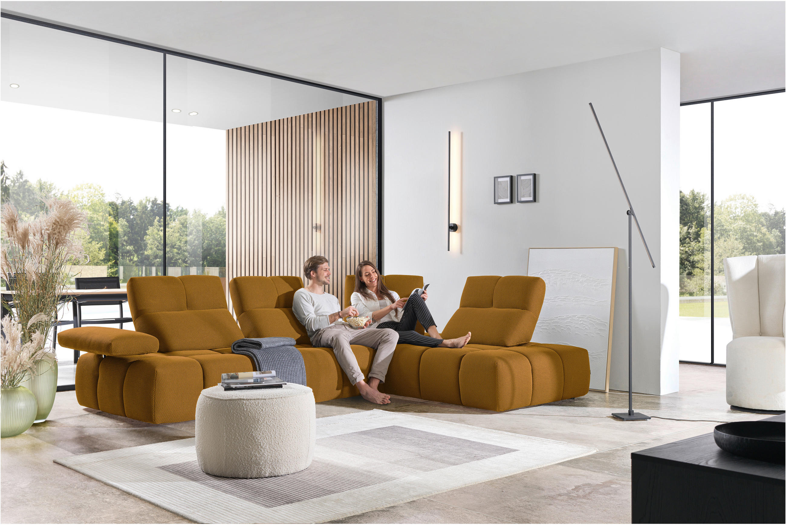 ECKSOFA in Struktur Senfgelb  313/233 cm  - Senfgelb/Schwarz, Design, Kunststoff/Textil (313/233cm) - Emilio Belluti
