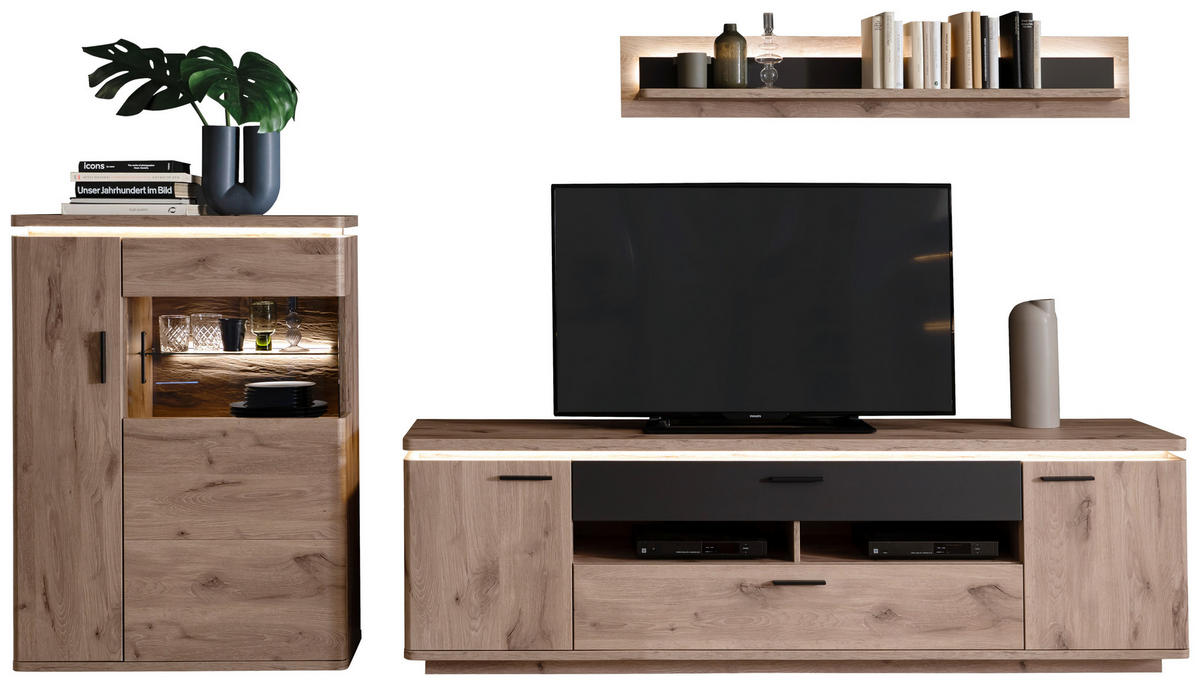 WOHNWAND 3-teilig  in Anthrazit, Eiche dunkel 310/181/50 cm  - Eiche dunkel/Anthrazit, Konventionell, Glas/Holzwerkstoff (310/181/50cm) - Cantus