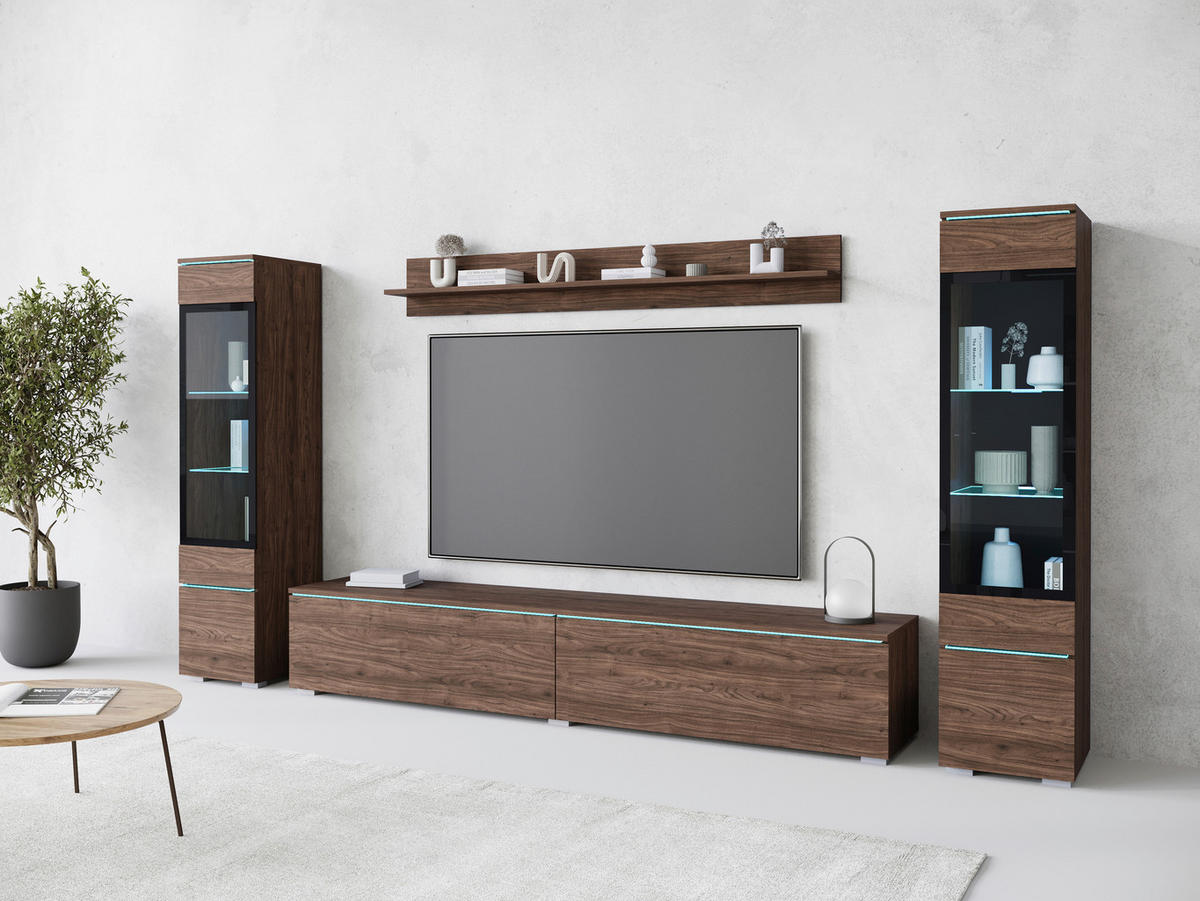 Set Mobilă Living, 4 piese, culoare lemn de nuc, 240/130/33 cm - culoare lemn de nuc/gri, Lifestyle, plastic/sticlă (240/130/33cm) - P & B