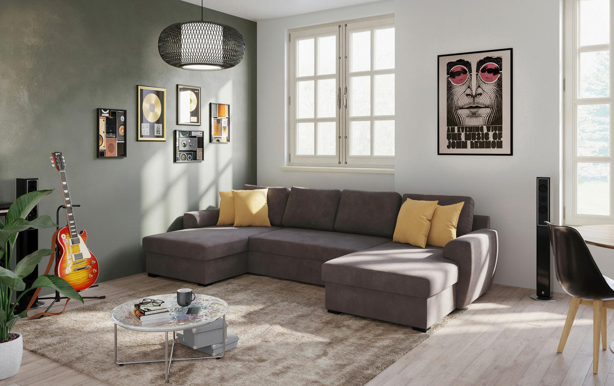 SJEDEĆA GARNITURA tekstil  smeđa   - smeđa/crna, Trend, tekstil/plastika (154/327/86cm) - MID.YOU
