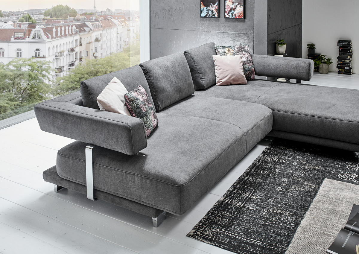 ECKSOFA in Chenille Grau  - Chromfarben/Grau, Natur, Textil/Metall (297/214cm) - Valdera