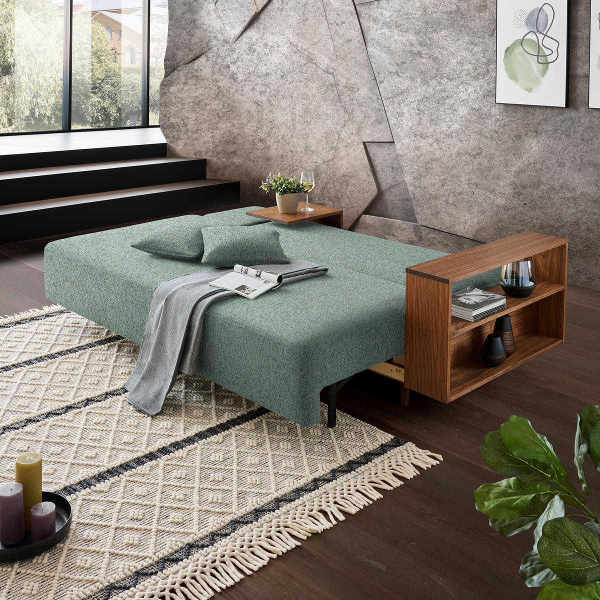 SCHLAFSOFA in Textil Mintgrün  - Nussbaumfarben/Mintgrün, Natur, Holz/Textil (228/90/100cm) - Joka