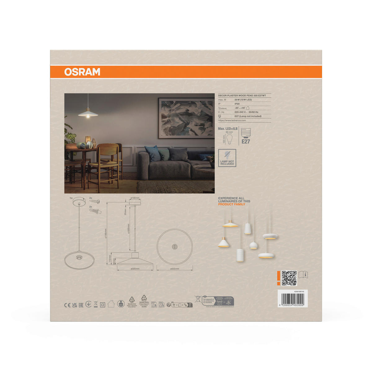 HÄNGELEUCHTE 32/116.5 cm  - Basics, Holz/Stein (32/116.5cm) - Osram