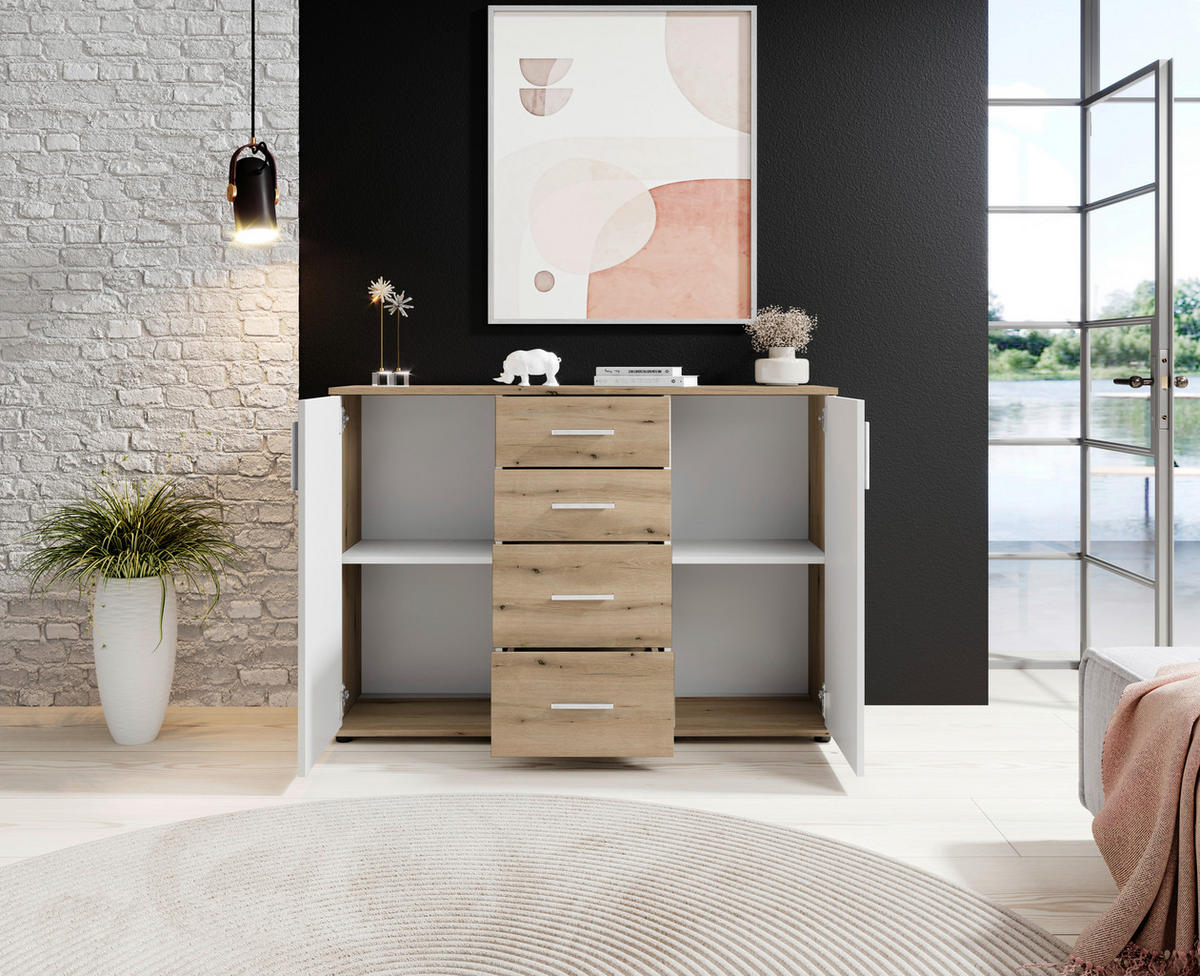 ŠIROKÁ KOMODA, bílá, barvy dubu, 120/84/35 cm - bílá/barvy stříbra, Design, kompozitní dřevo/plast (120/84/35cm) - MID.YOU