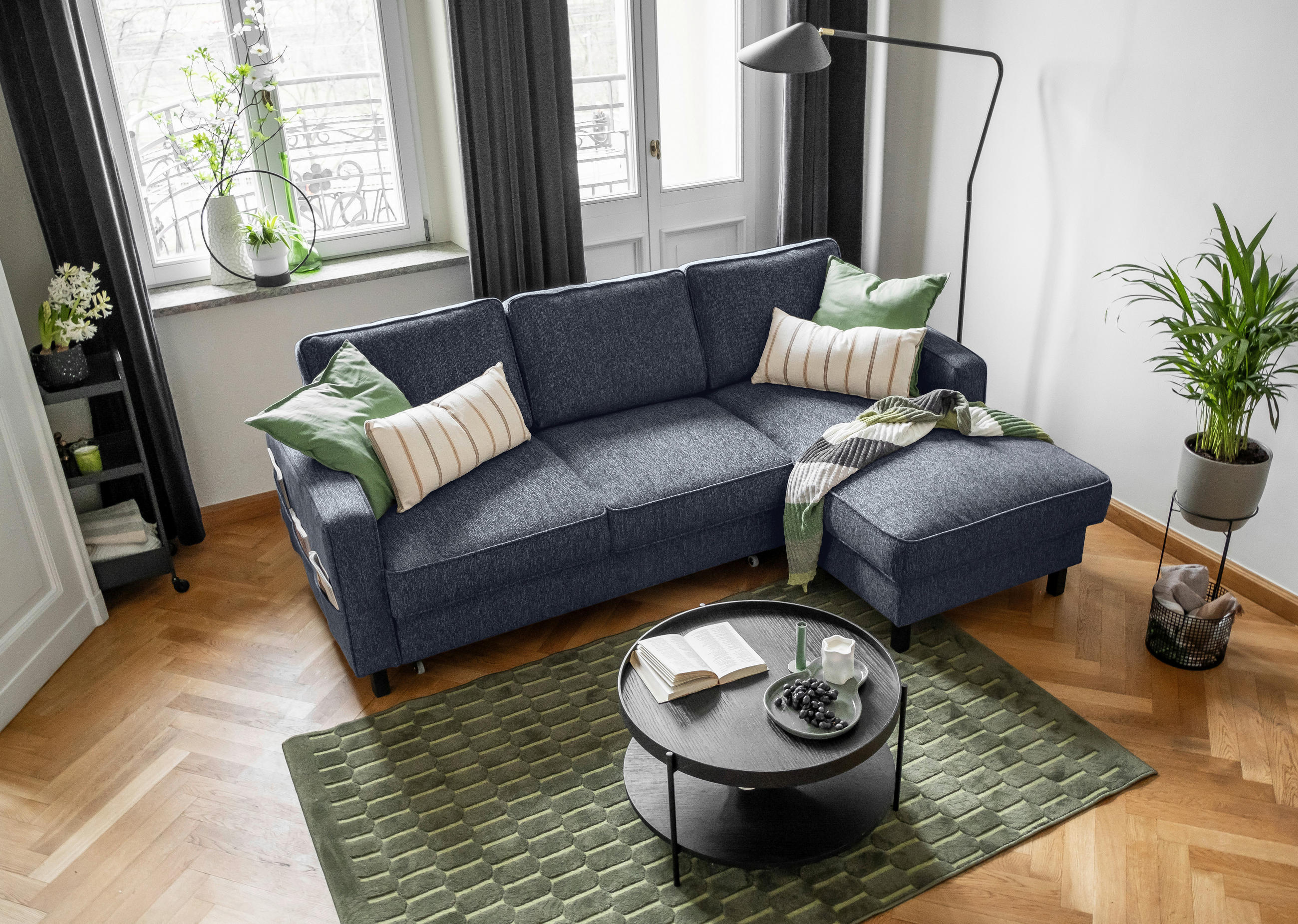 ECKSOFA Dunkelblau Struktur  - Schwarz/Dunkelblau, Holz/Textil (228/148cm) - MID.YOU