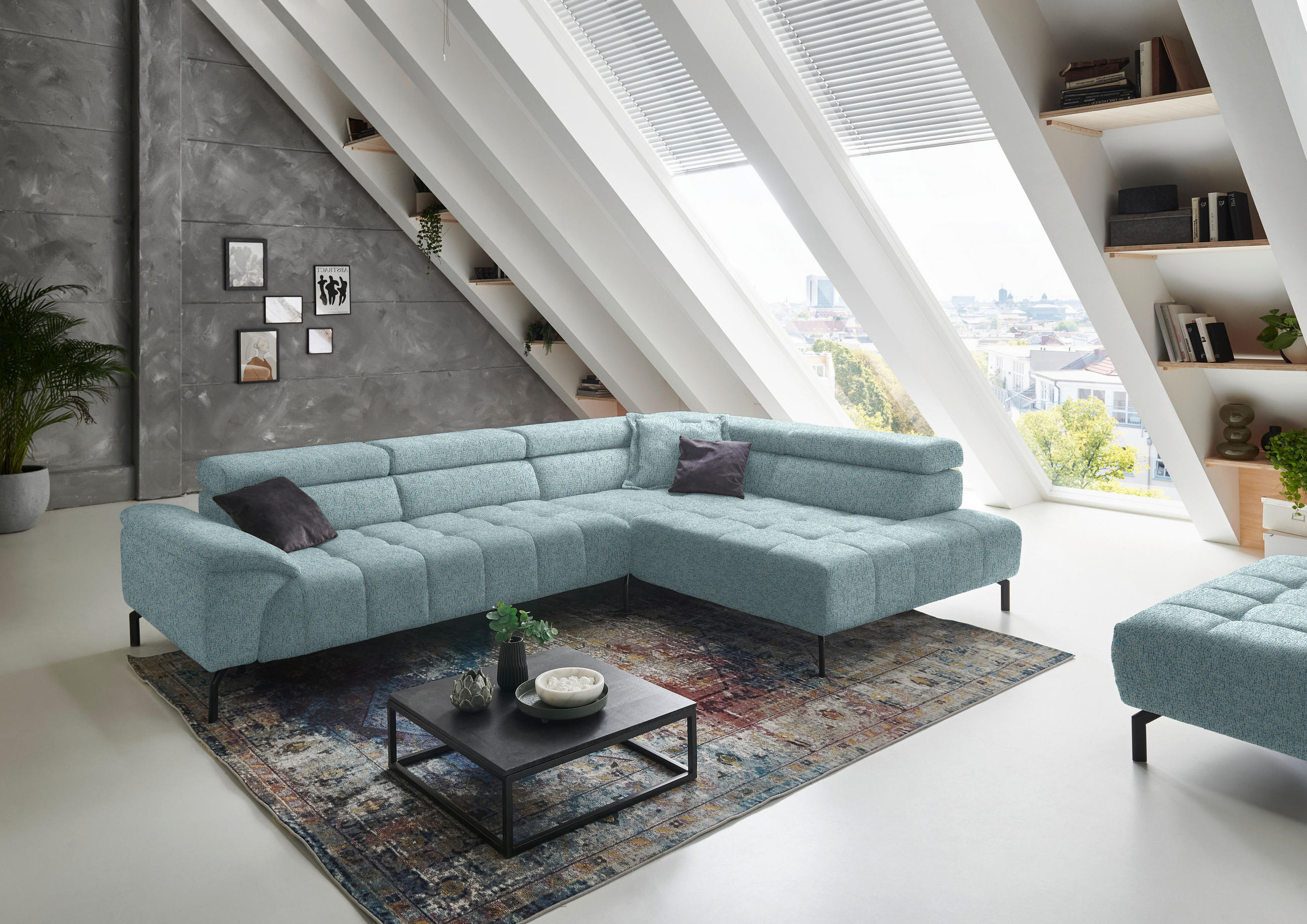 ECKSOFA in Chenille Hellblau  - Schwarz/Hellblau, Design, Textil/Metall (323/222cm) - Beldomo Style