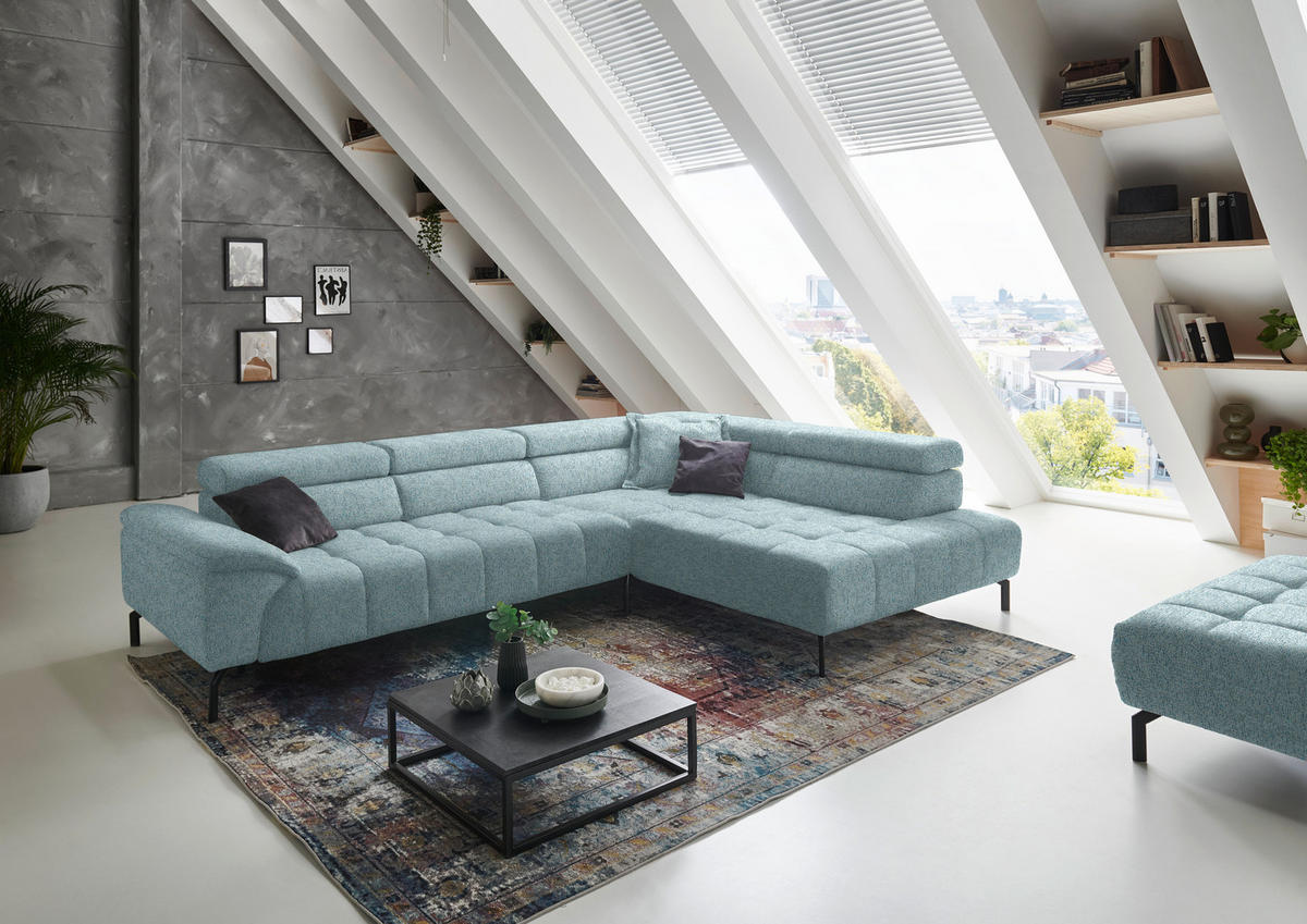 ECKSOFA in Chenille Hellblau  - Schwarz/Hellblau, Design, Textil/Metall (323/222cm) - Beldomo Style