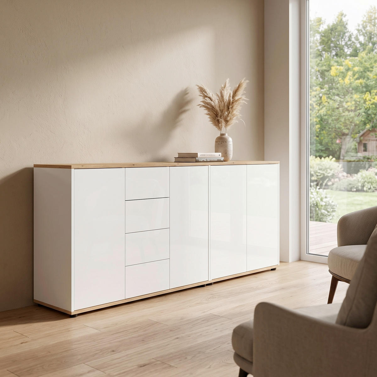 SIDEBOARD Mailand Set 15 185/73/33 cm 4 Schublade(n)  - Weiß Hochglanz/Schwarz, MODERN, Holzwerkstoff/Kunststoff (185/73/33cm) - MID.YOU