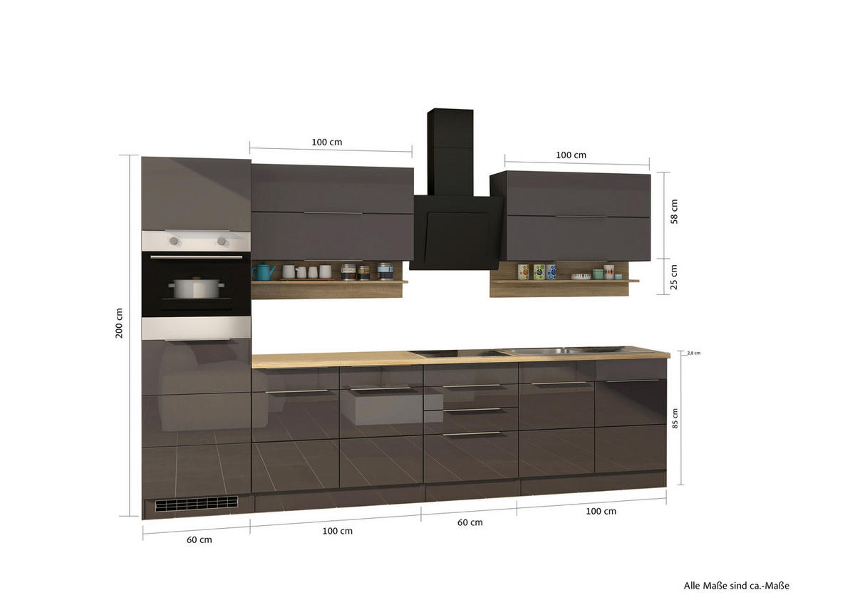 KÜCHENLEERBLOCK 320 cm   in Grau, Sonoma Eiche, Grau Hochglanz  - Grau Hochglanz/Alufarben, MODERN, Holzwerkstoff/Metall (320cm) - Held