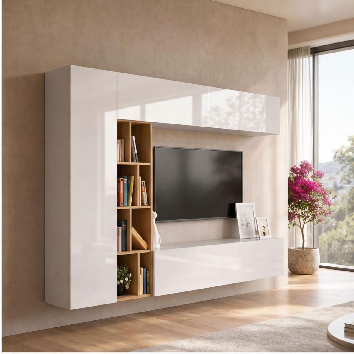 DNEVNI REGAL,  hrast sonoma, bela, visoki sijaj  - bela/hrast sonoma, Moderno, leseni material (224/160/35cm) - Ti'me